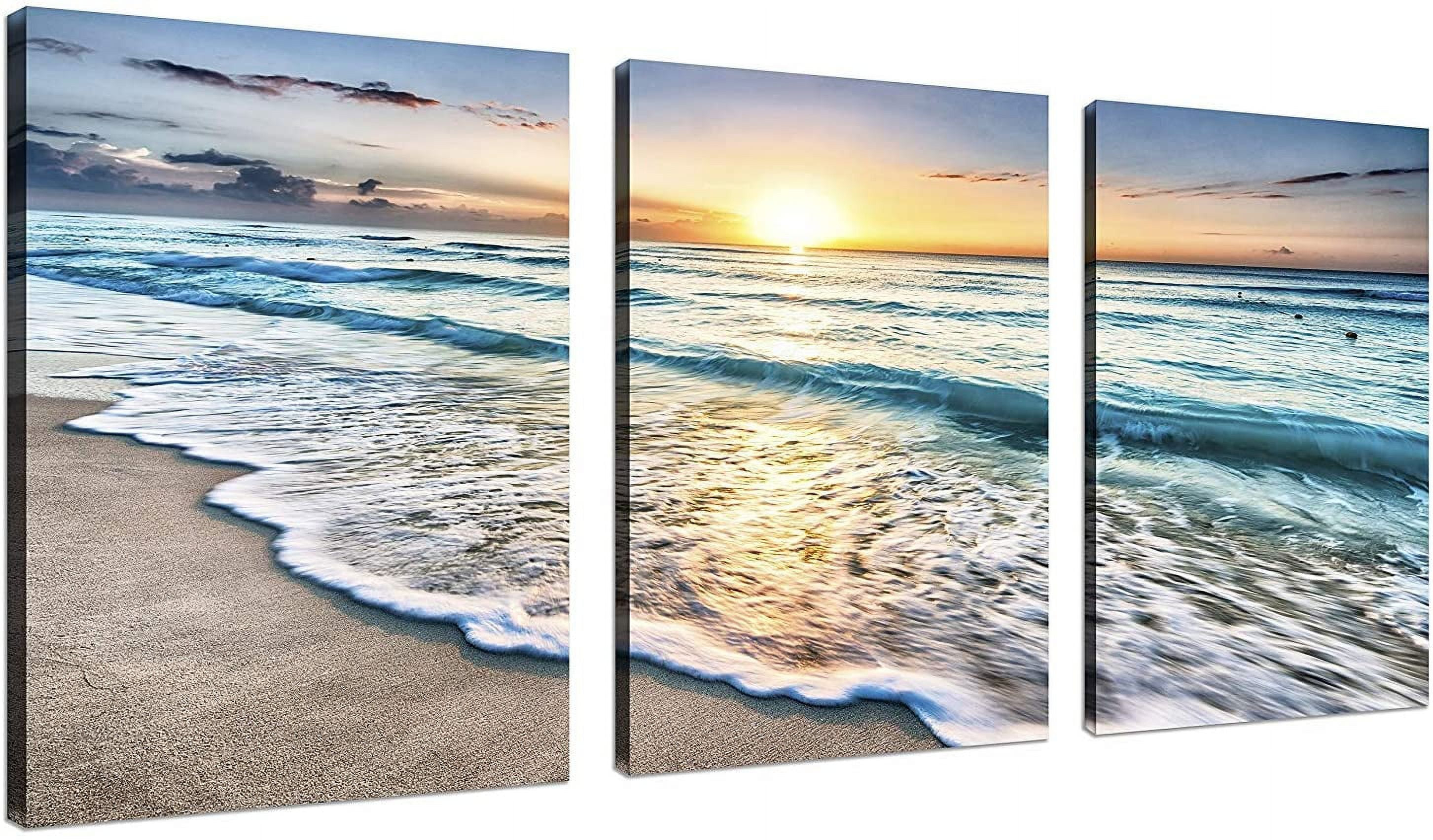 Asdg12s-3 Panel Wall Art Blue Sea Sunset White Beach Painting The Picture Print On Canvas Seascape The Pictures for Home Decor Decoration,Ready to Hang