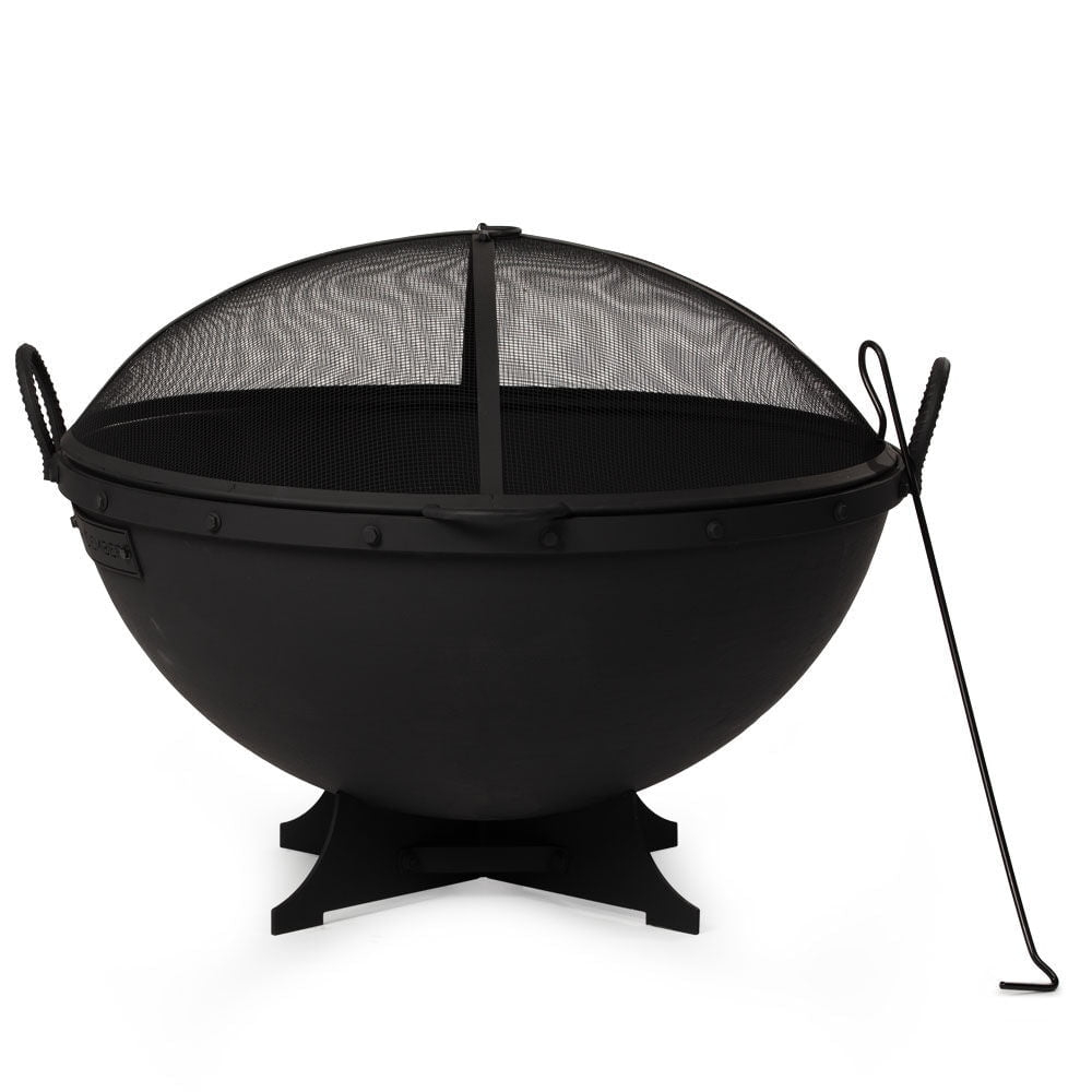 Ash & Ember 32" Hemisphere Fire Pit with Screen and Poker, Cast Iron High-Temperature Black Paint Fire Bowl, Wood Burning Backyard Fireplace, Portable Outdoor Firepit