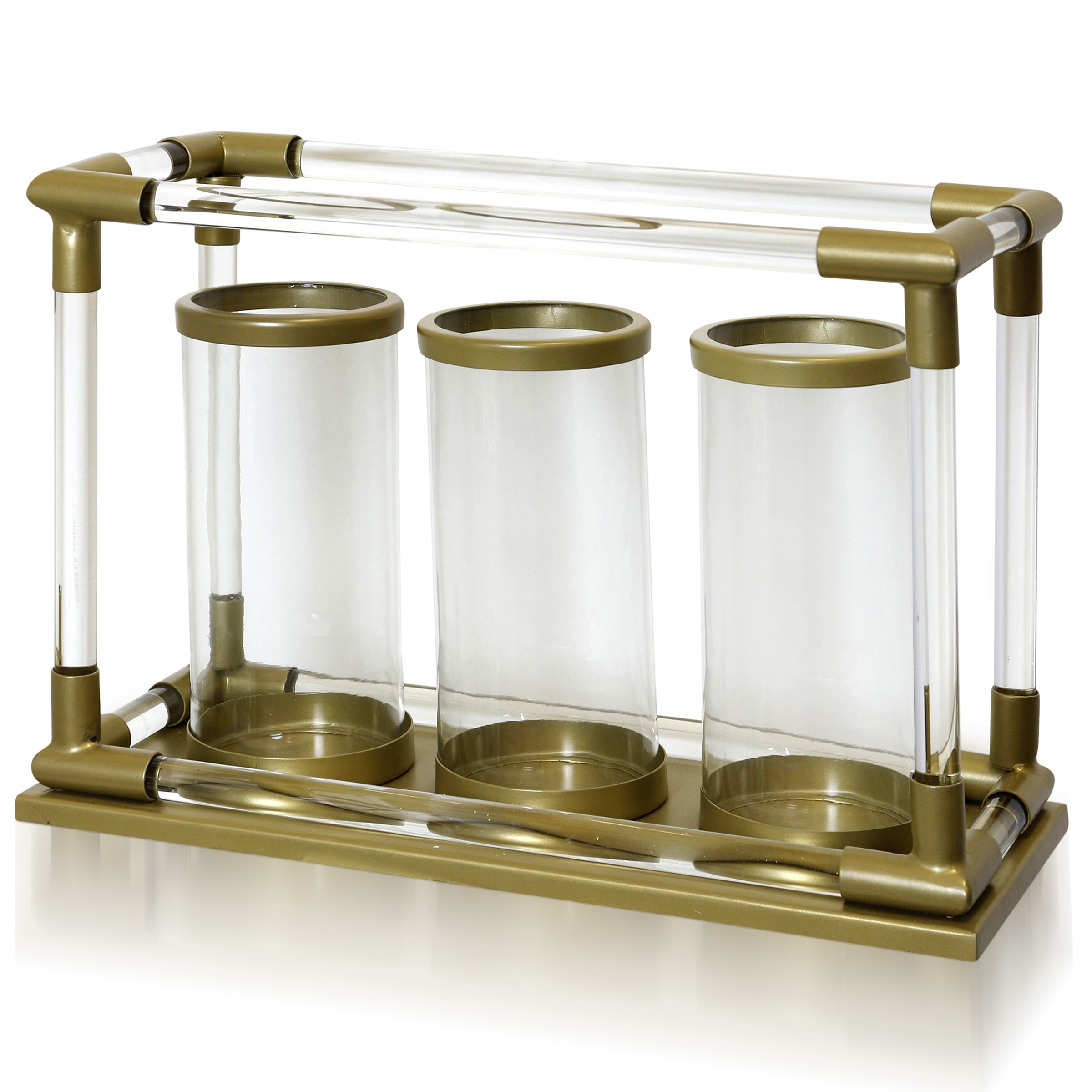Asha - Iron Metal And Clear Glass Stand With Three Lantern Glass Candle Holders