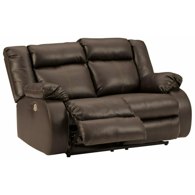 Ashley Furniture Denoron Faux Leather Power Reclining Loveseat in Dark Brown