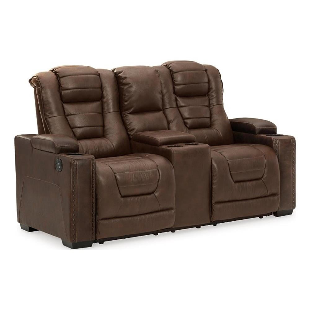 Ashley Furniture Owner's Box Faux Leather Power Reclining Loveseat in Dark Brown
