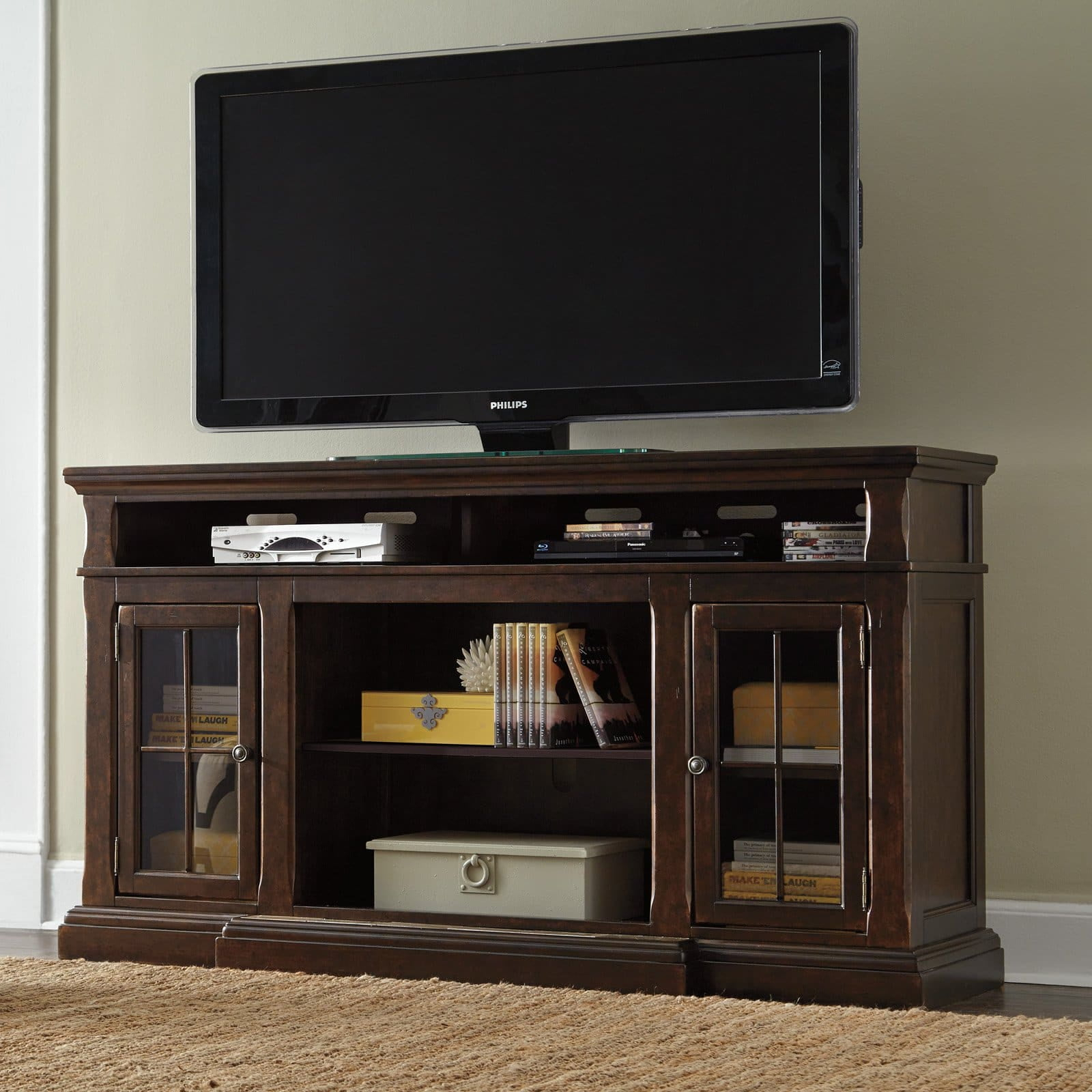 Ashley Roddinton 74" TV Stand with Marble Inset Base in Dark Brown