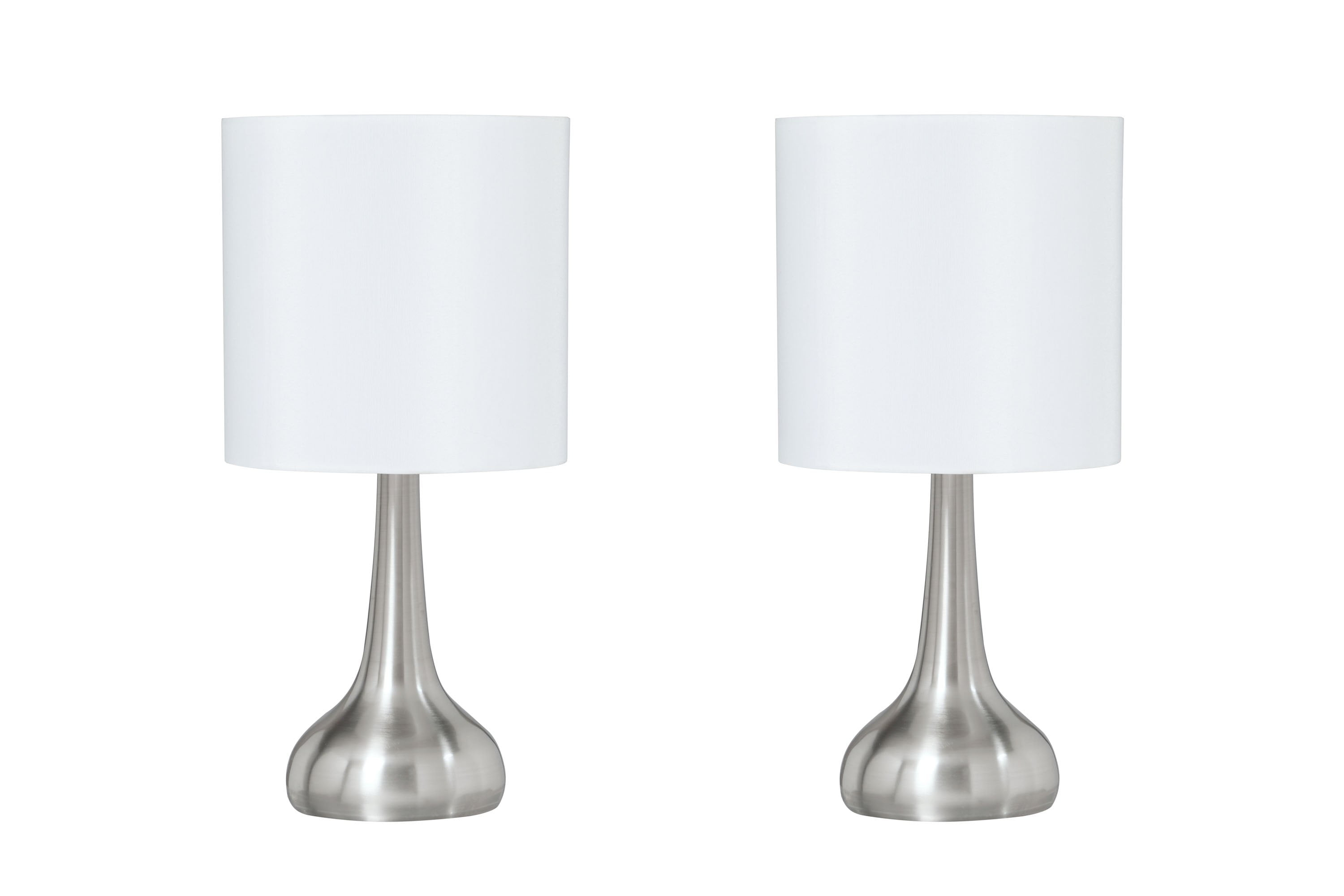 Aspen Creative 40231-12, Two Pack - 14-1/2" High Transitional Metal Table Lamp, Satin Nickel Finish and Drum Shaped Lamp Shade in Off White, 7" Wide