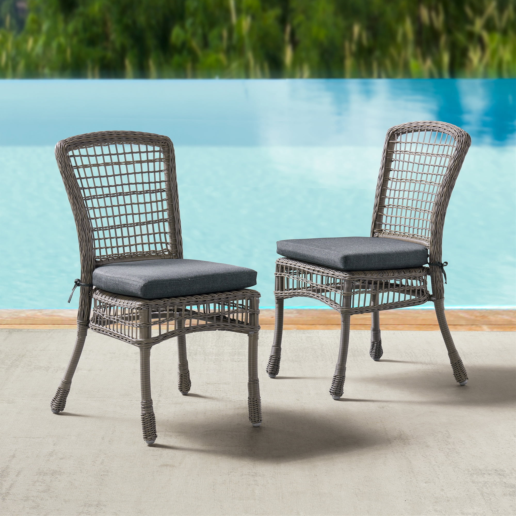 Asti All-Weather Gray Wicker Outdoor Set of Two Dining Chairs with Cushions