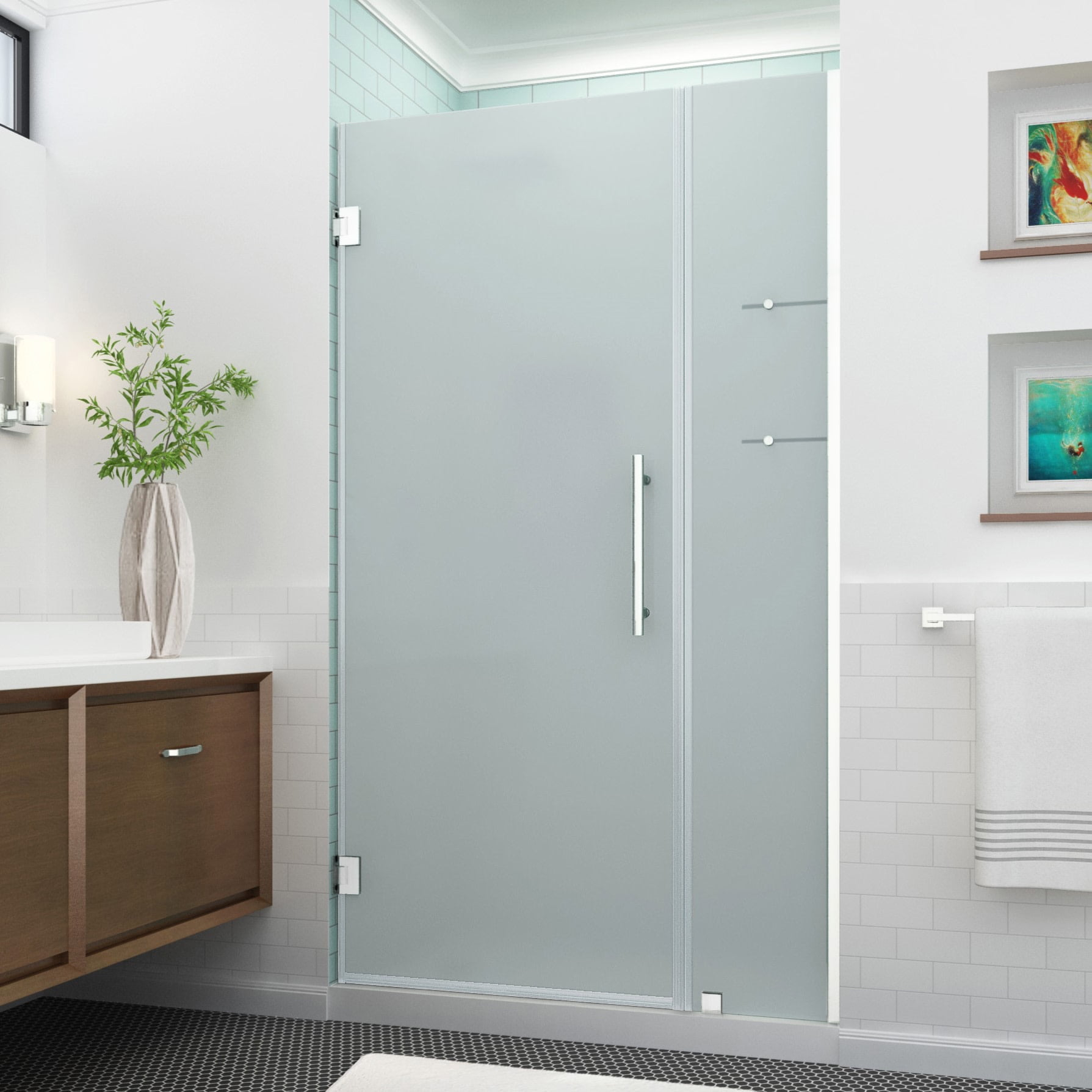 Aston SDR960F-SS-3622-10 Belmore GS 35.25 to 36.25 x 72 in. Frameless Hinged Shower Door with Frosted Glass & Glass Shelves - Stainless Steel