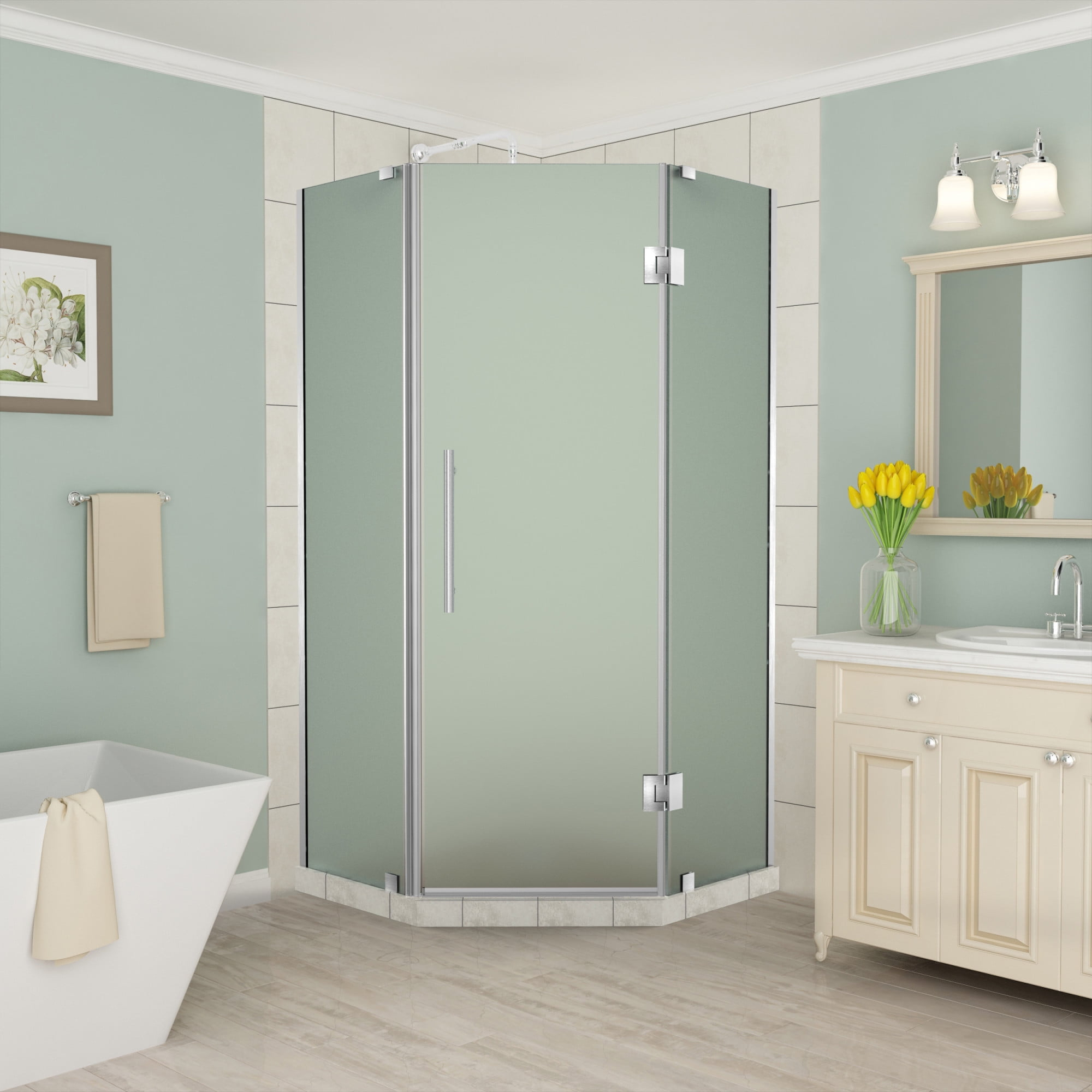Aston SEN966F-CH-40-10 72 x 40 x 40 in. Merrick Frameless Neo-Angle Shower Enclosure with Frosted Glass, Chrome