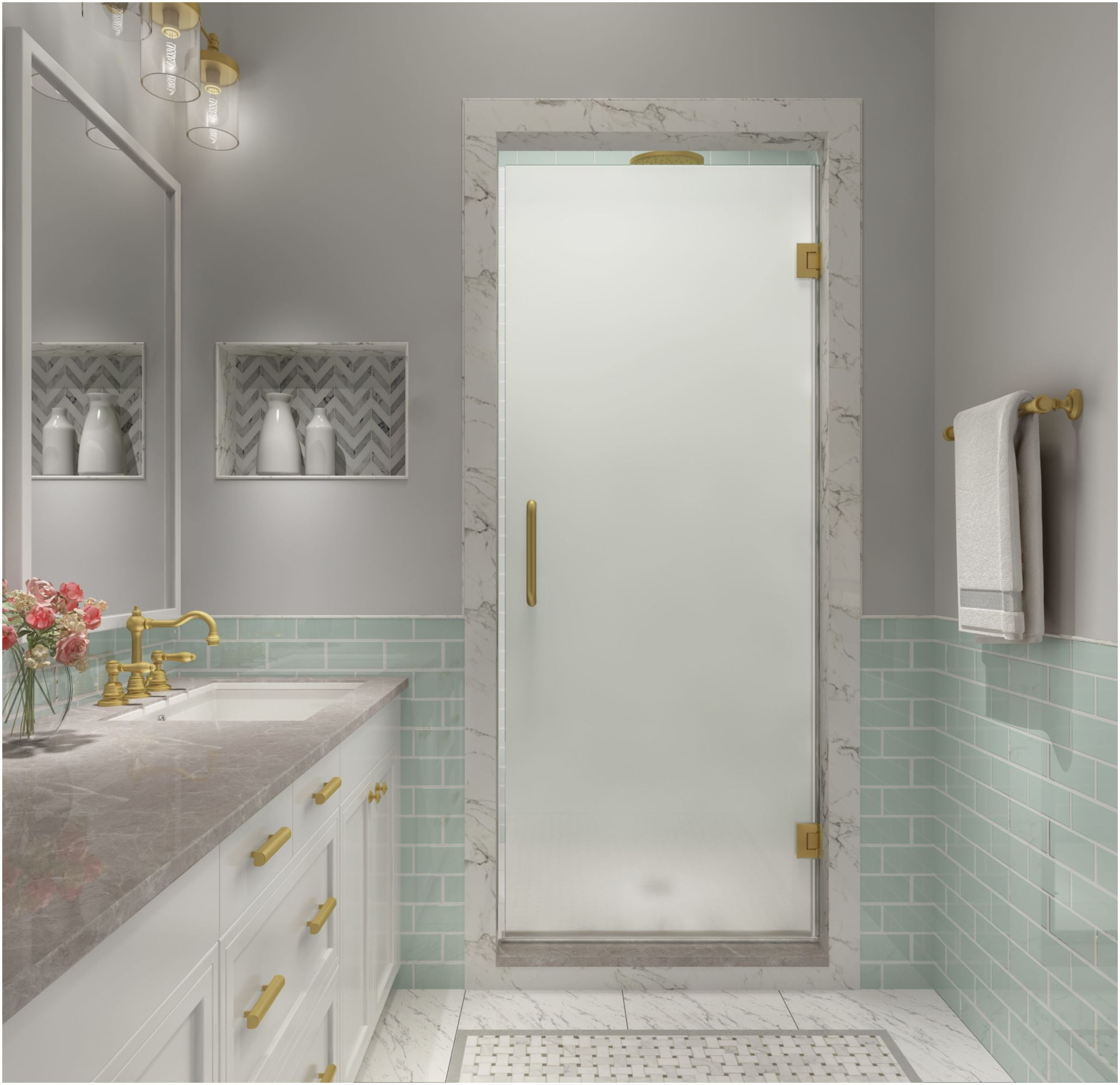 Kinkade XL 37.25" - 37.75" W x 80" HHinged Frameless Shower Door with Ultra-Bright Frosted Glass