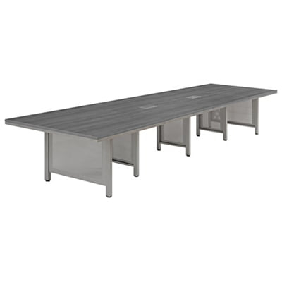At Work 16' Expandable Conference Table with Gray Laminate Top and Brushed Nickel Painted Steel Leg with Modesty Panel for Meeting Spaces