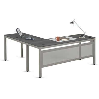 At Work Reversible Corner LShaped Desk  60"W x 60"D Gray Laminate/Brushed Nickel Painted Steel Frame