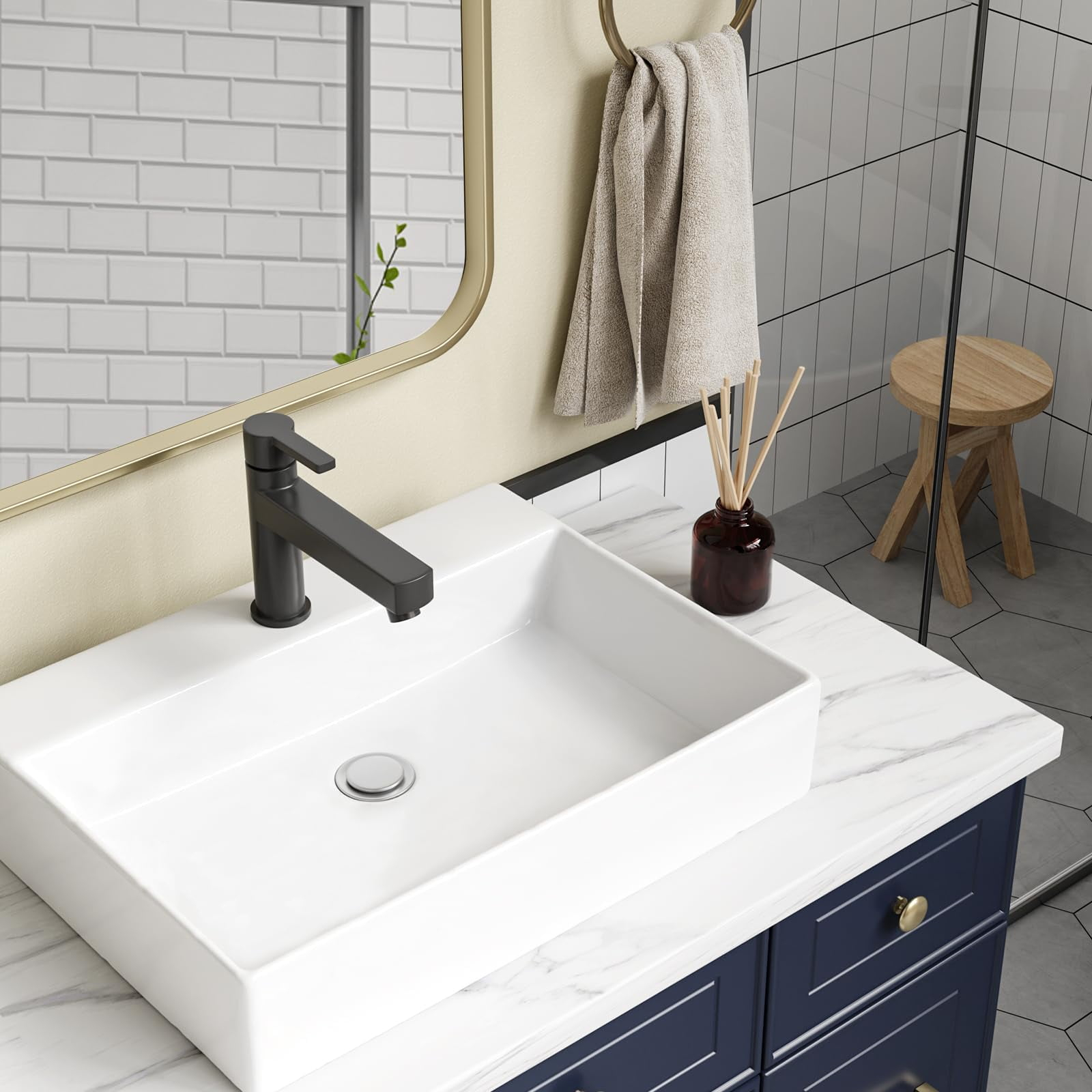 Ataucjin Bathroom Vessel Sinks, Undermount Bathroom Sink, Ceramic Lavatory Vanity Vessel Sink with Overflow, Rectangle Sink, Undercounter Basin, White 21.65 * 15.75 * 7.87inch (Large)
