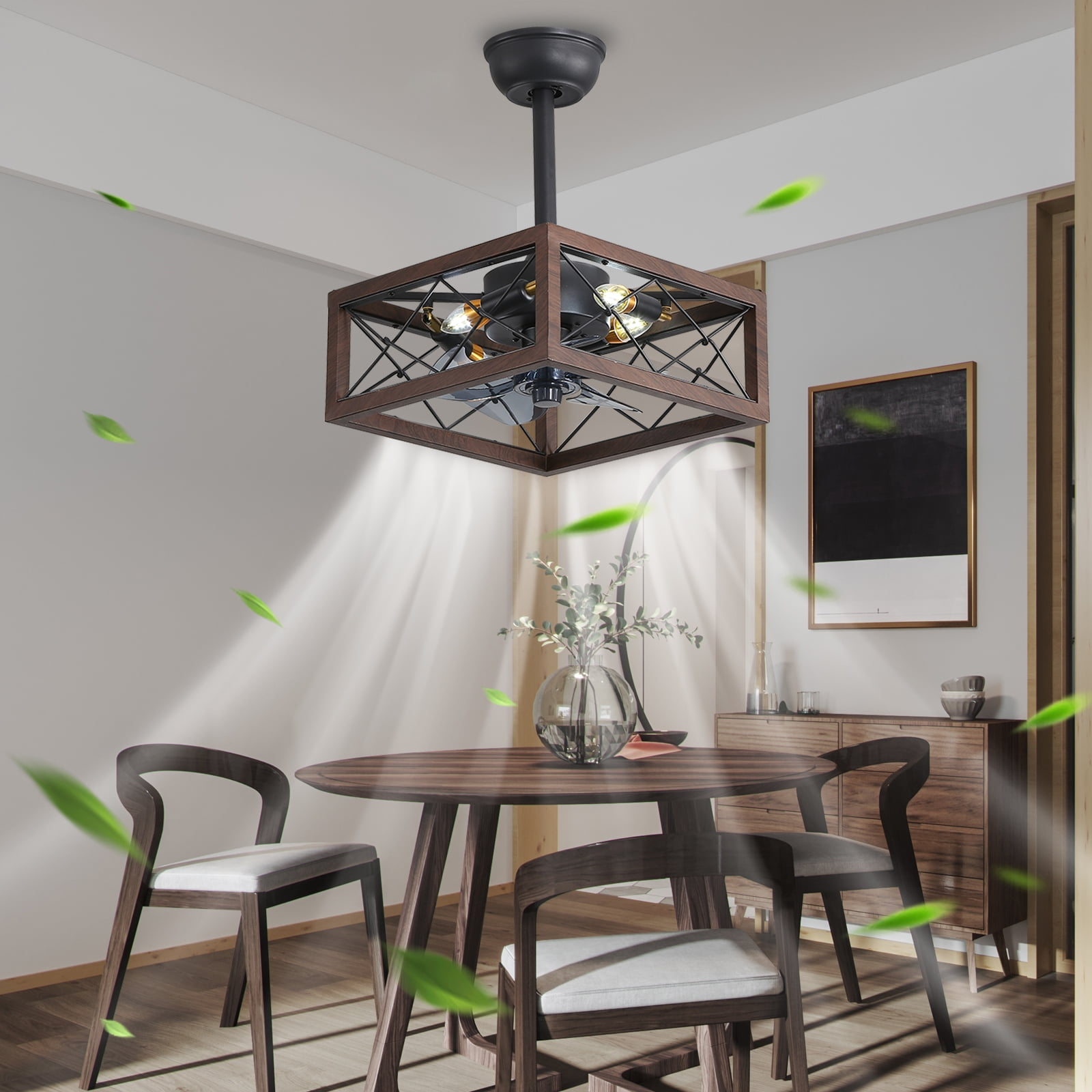 Yesurprise Caged Ceiling Fan with Lights, 18" Square Ceiling Fan with Remote & APP Control, 5 ABS Blades, 6 Speed Wind, Reversible DC Motor, 1H/2H/4H Timing for Living Room (Bulbs Include)