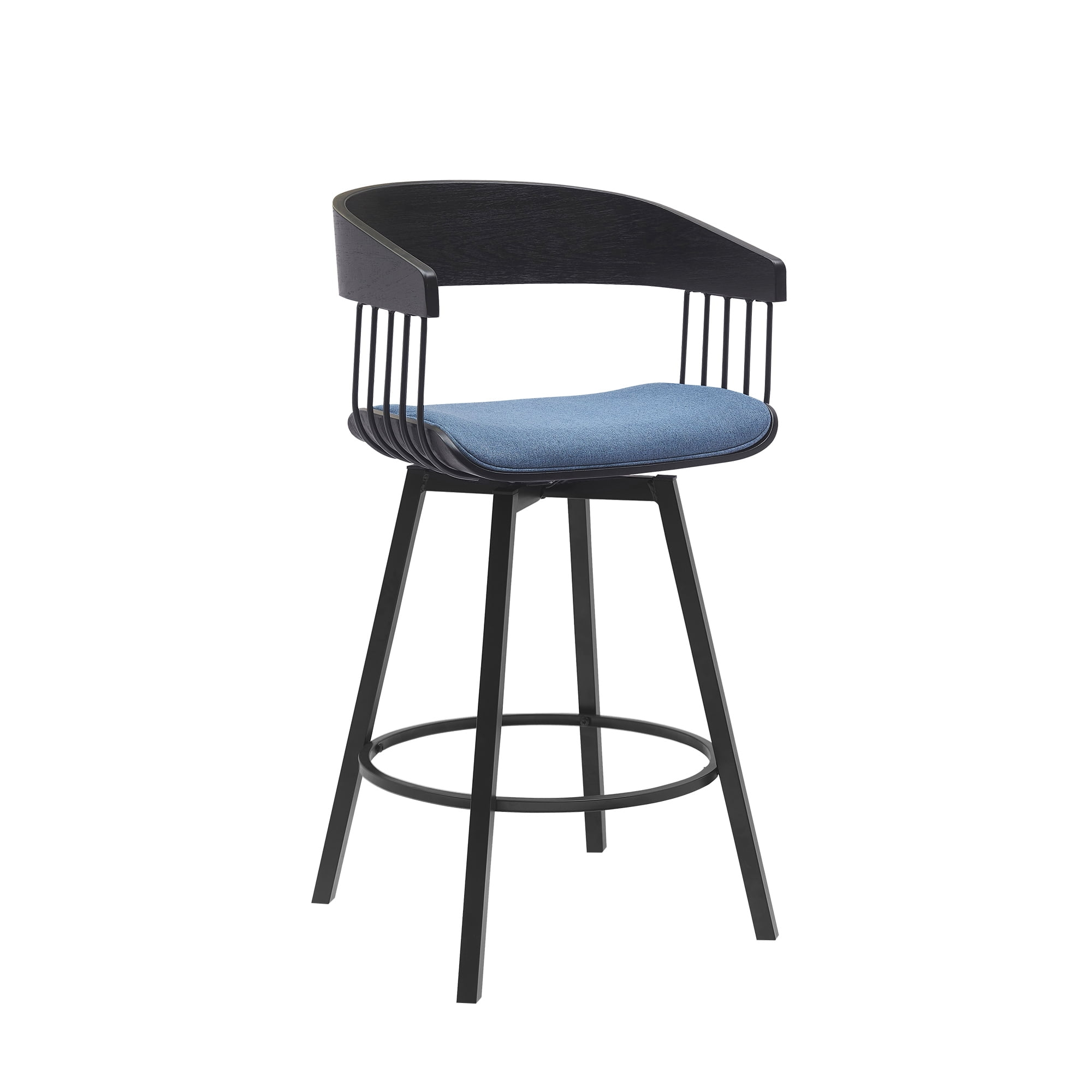 Armen Living Indoor Athena 27" Swivel Black Wood Counter Stool in Blue Fabric with Black Metal