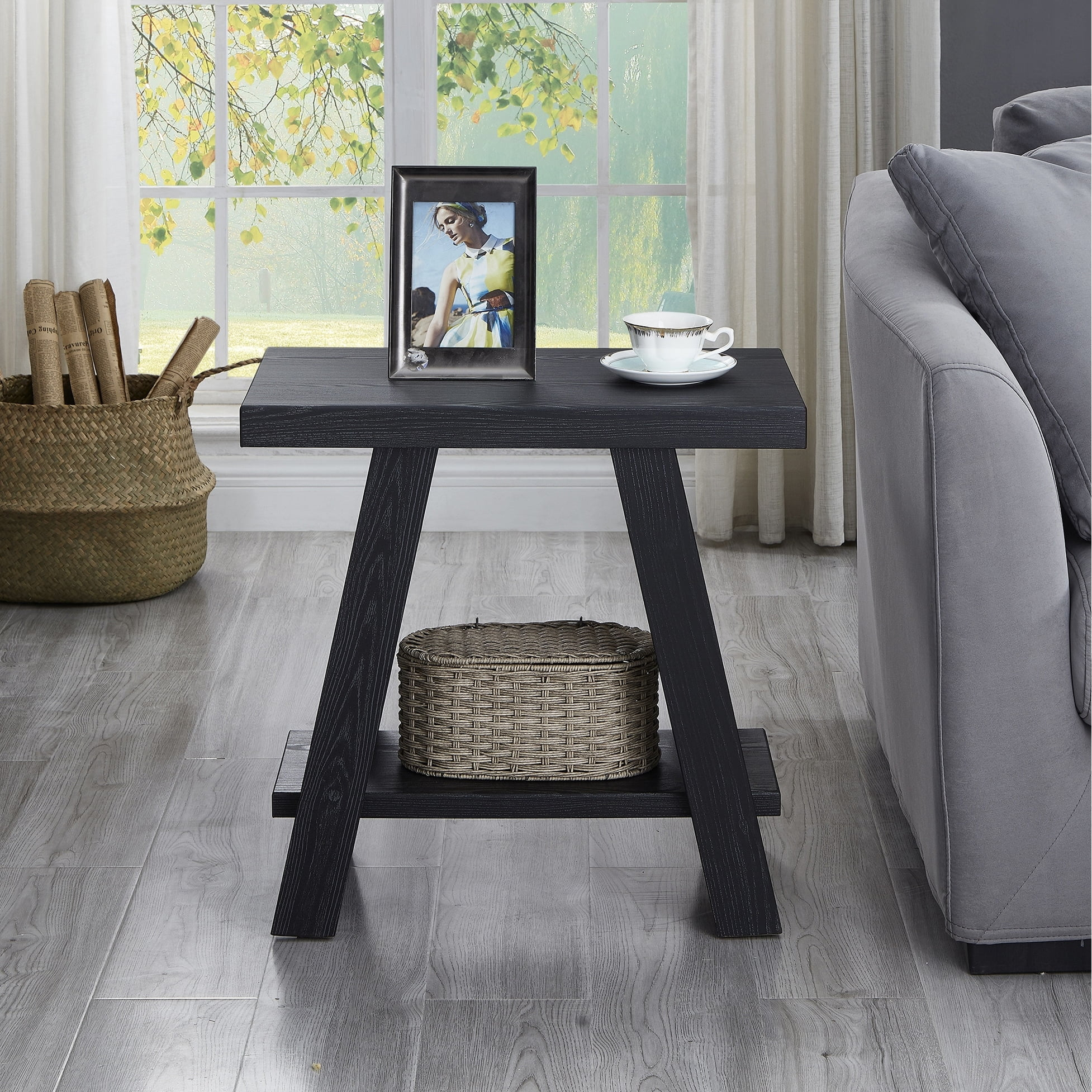 Roundhill Furniture Athens Contemporary Wood Shelf Side Table in Black Finish