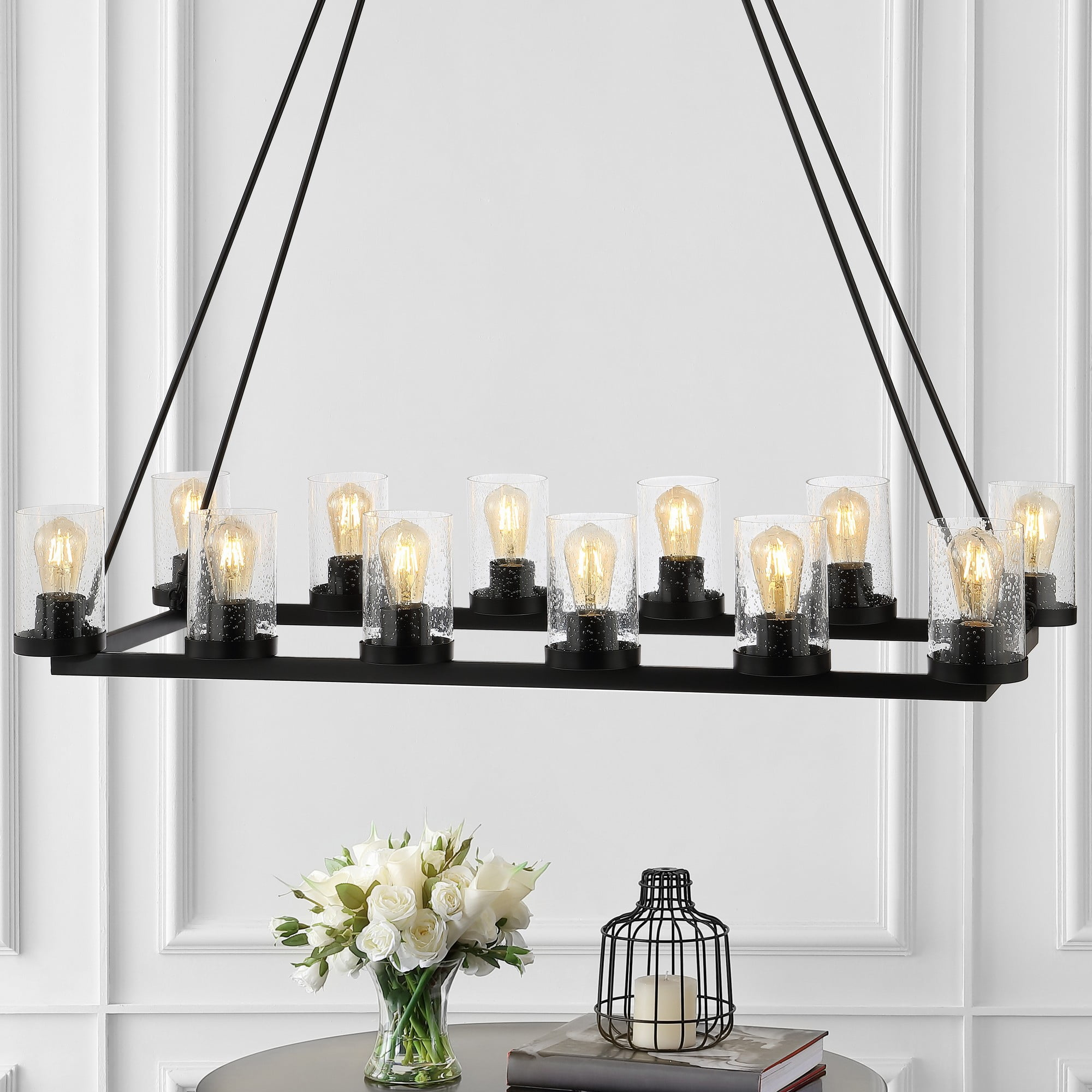 JONATHAN Y JYL7555A Coronet 45.5" 12-Light Seeded Glass/Iron Rustic Farmhouse Rectangular LED Candelier, Industrial, Vintage for living room, dinning room, bedroom Bulb Included, Oil Rubbed Bronze