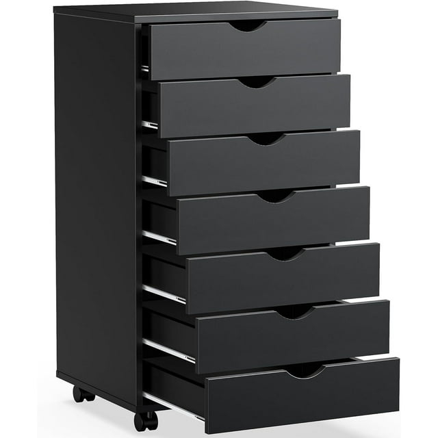 Atilioo 7 Drawer Chest, Wood Dresser with Wheels, Sturdy Storage Cabinet, Perfect for Home Office or Bedroom, Black