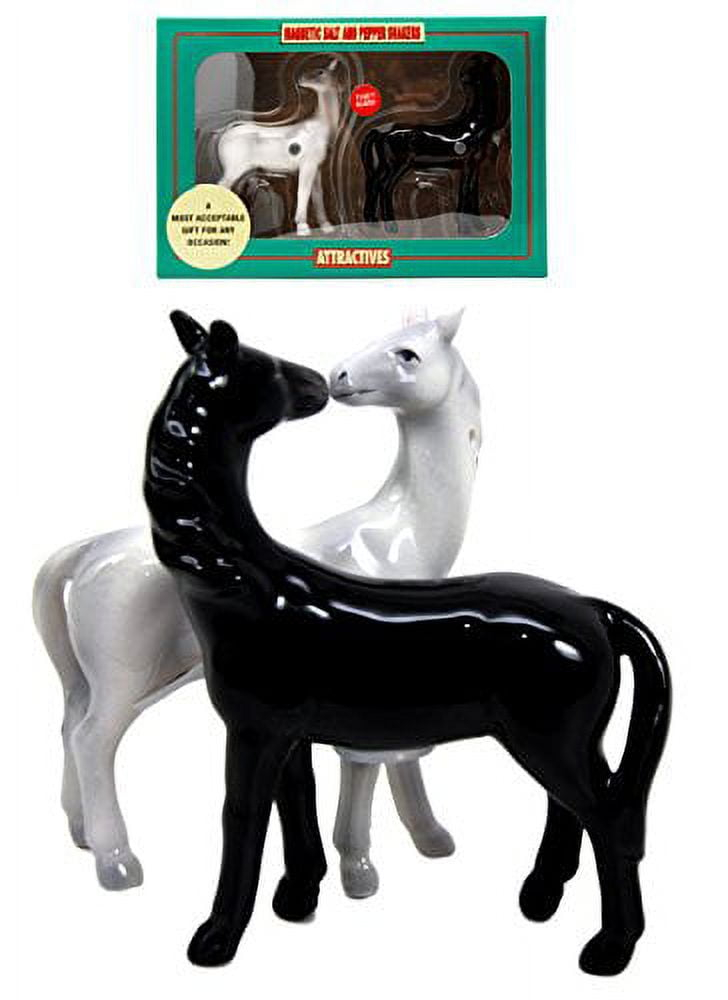 Atlantic Collectibles Romantic Black and White Horses Ceramic Magnetic Salt Pepper Shakers Set Figurines