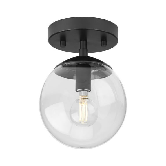 Progress Lighting Atwell 1-Light Flush Mount Ceiling Light in Matte Black with Clear Glass Globe Shade