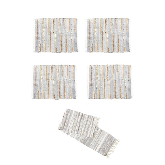 Audreys Gray and Gold Chindi Cloth Woven Table Runner W/ 4 Matching Placemats