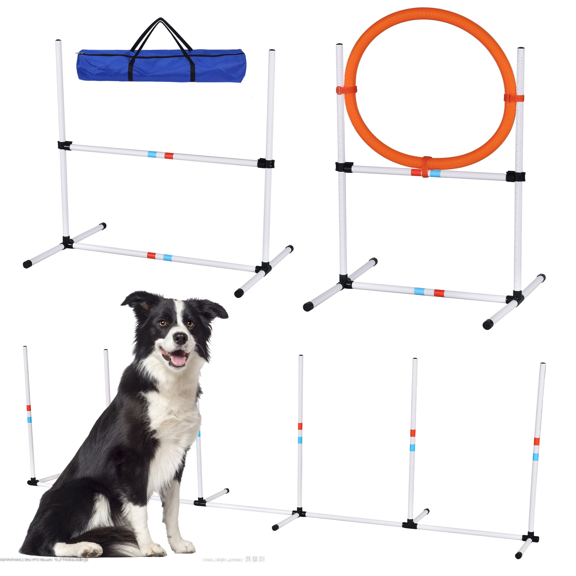 Aukfa Dog Agility Equipment Set, Includes Agility Hurdle, Jumping Ring, Agility Weave Poles and Carrying Bag for Backyard, Indoor, Outdoor
