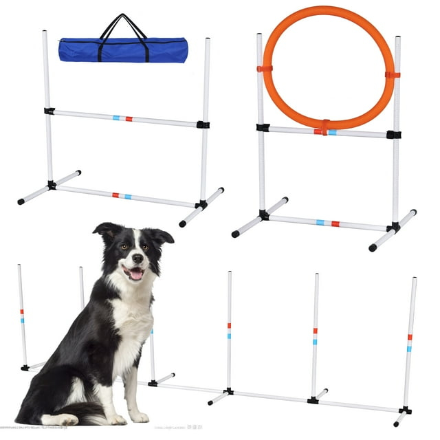 Aukfa Dog Agility Equipment Set, Includes Agility Hurdle, Jumping Ring, Agility Weave Poles and Carrying Bag for Backyard, Indoor, Outdoor