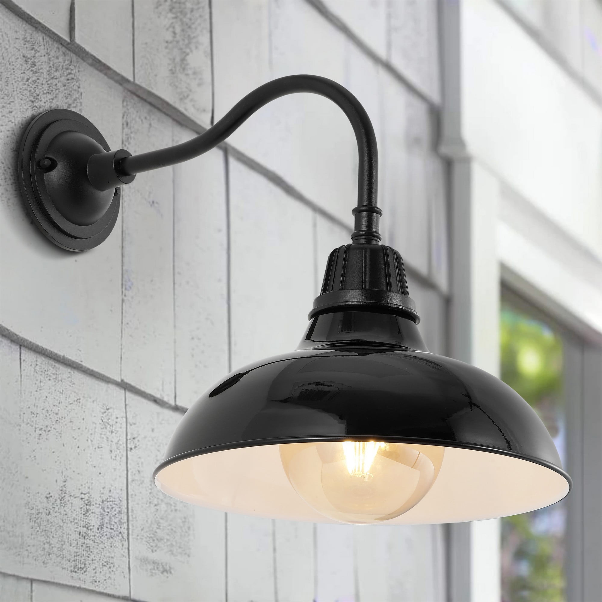 Aurora 12.25" 1-Light Farmhouse Industrial Indoor/Outdoor Iron LED Gooseneck Arm Outdoor Sconce, Black