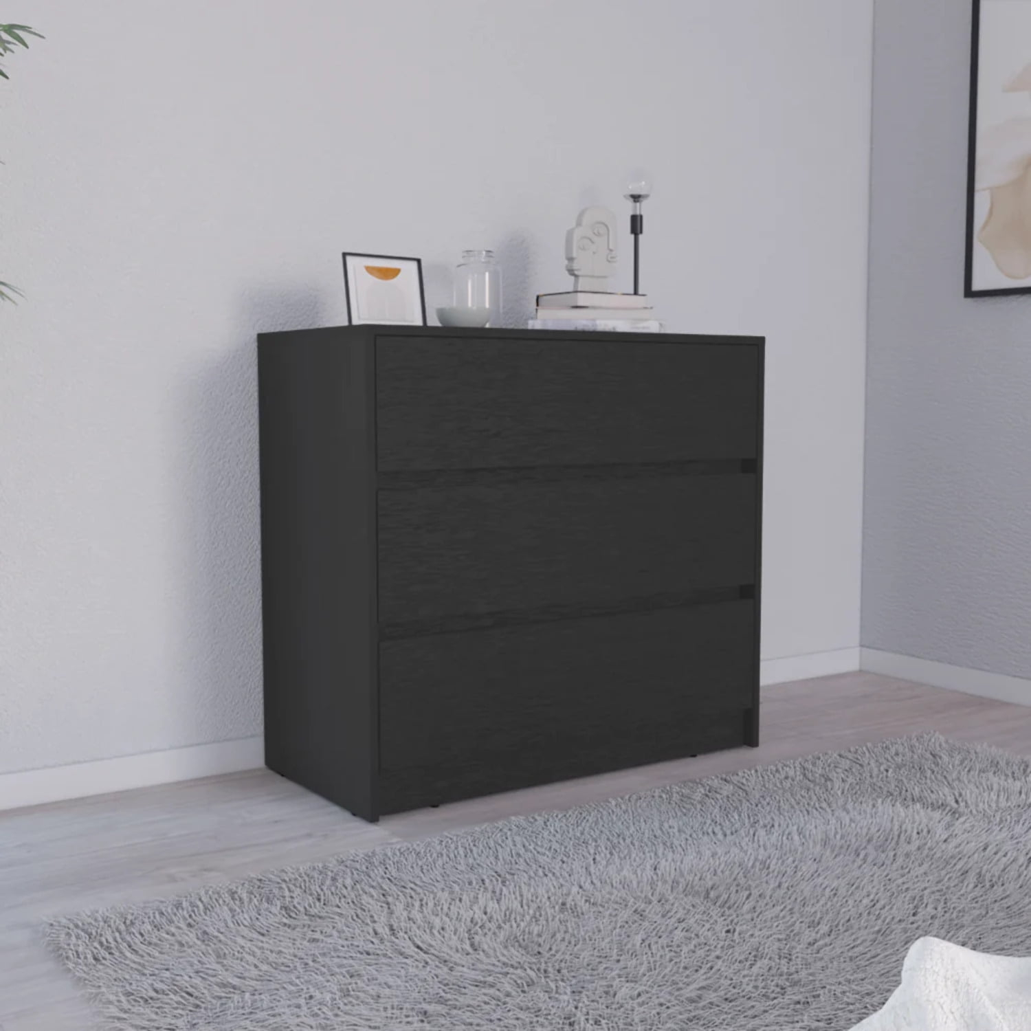 TUHOME Austin Three Drawer Dresser Engineered Wood Dressers in  Black