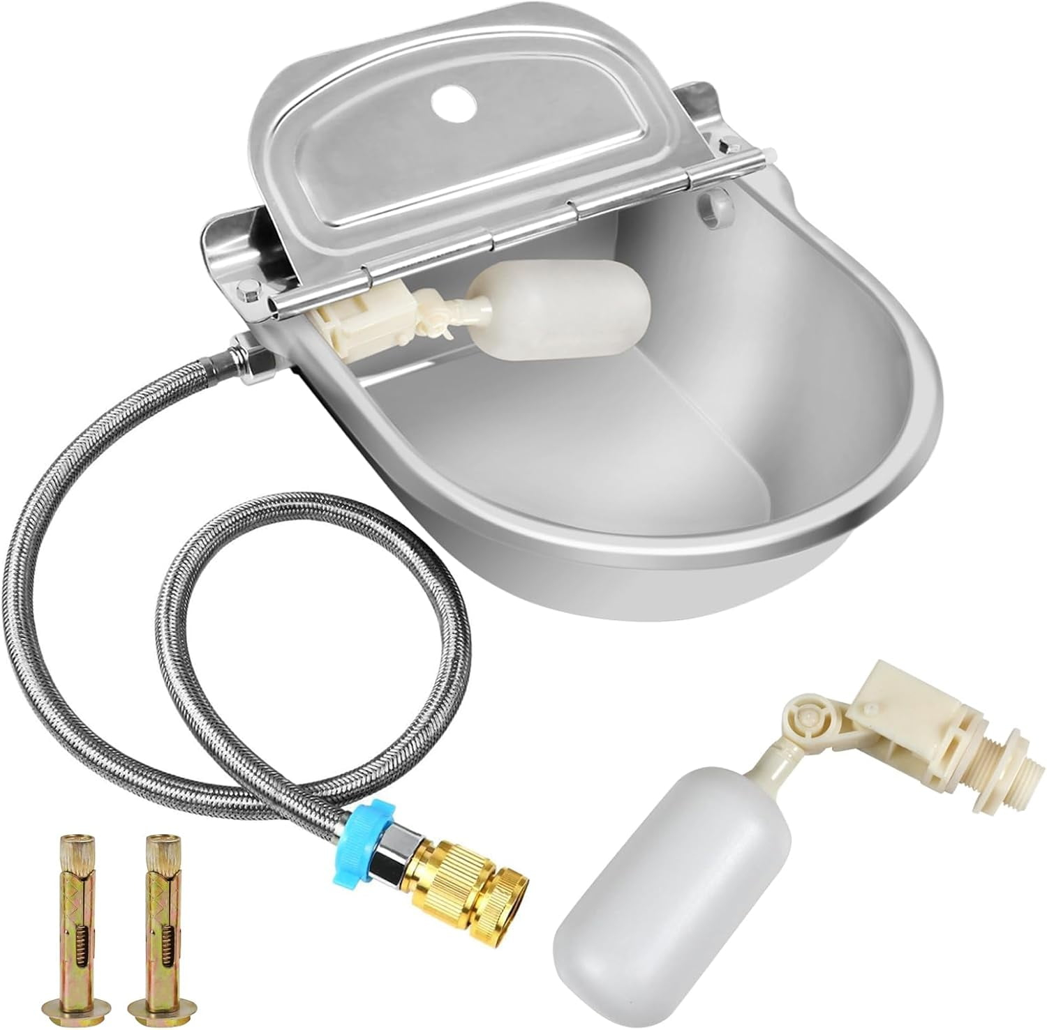 Automatic Dog Drinking Water Bowl, 304 Stainless Steel Outdoor Waterer for Dog Horse Pig Cow, Large Animal Dispenser with 2 Float Valves, Pipe Hose, Quick Connector and Expansion Bolt