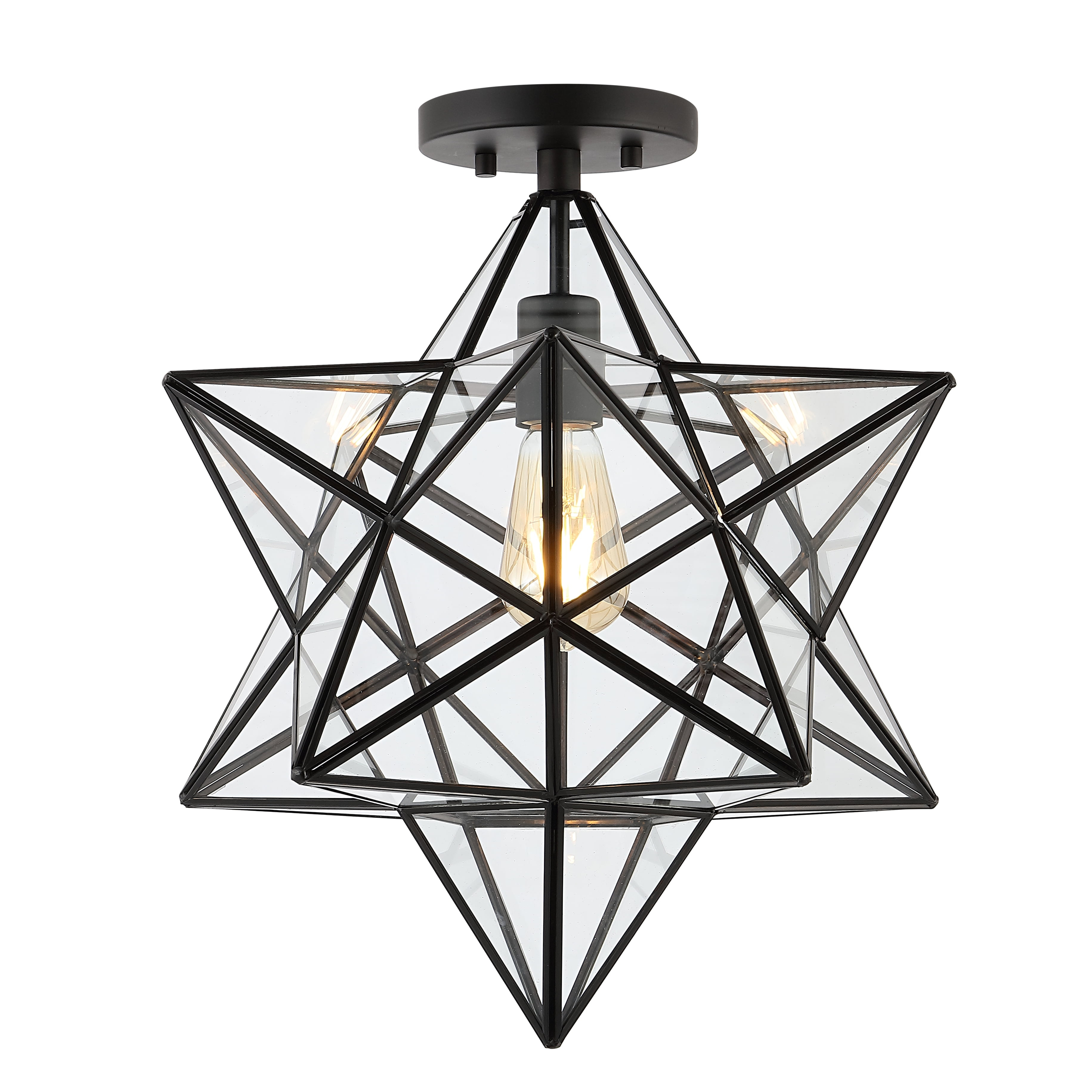 Ava 14.5" 1-Light Farmhouse Bohemian Iron/Glass LED Semi Flush Mount, Black/Clear