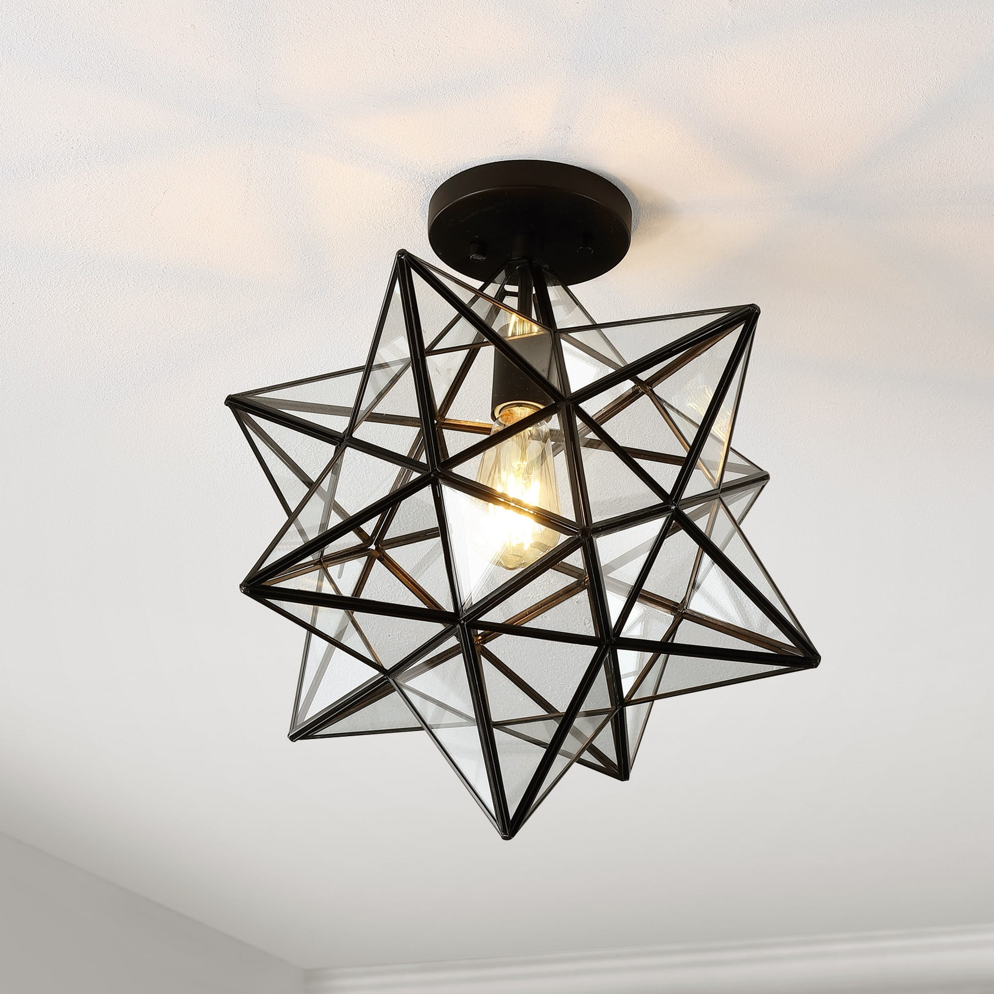 Ava 14.5" 1-Light Farmhouse Bohemian Iron/Glass LED Semi Flush Mount, Black/Clear