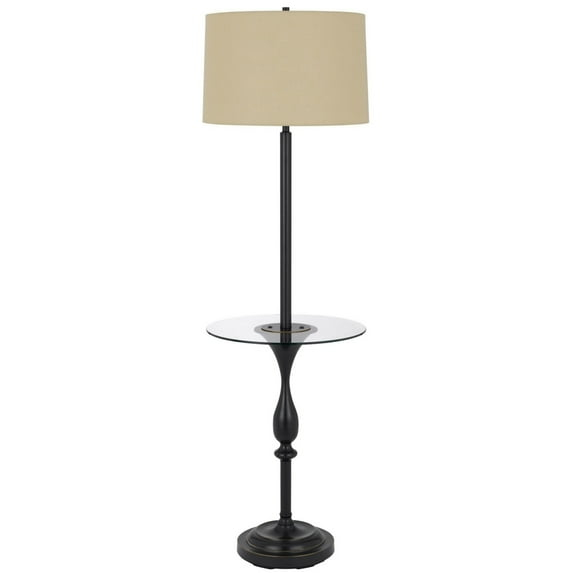 Ava 61 Inch Modern Floor Lamp, Glass Tray Table, 1 USB Port, Dark Bronze- Saltoro Sherpi