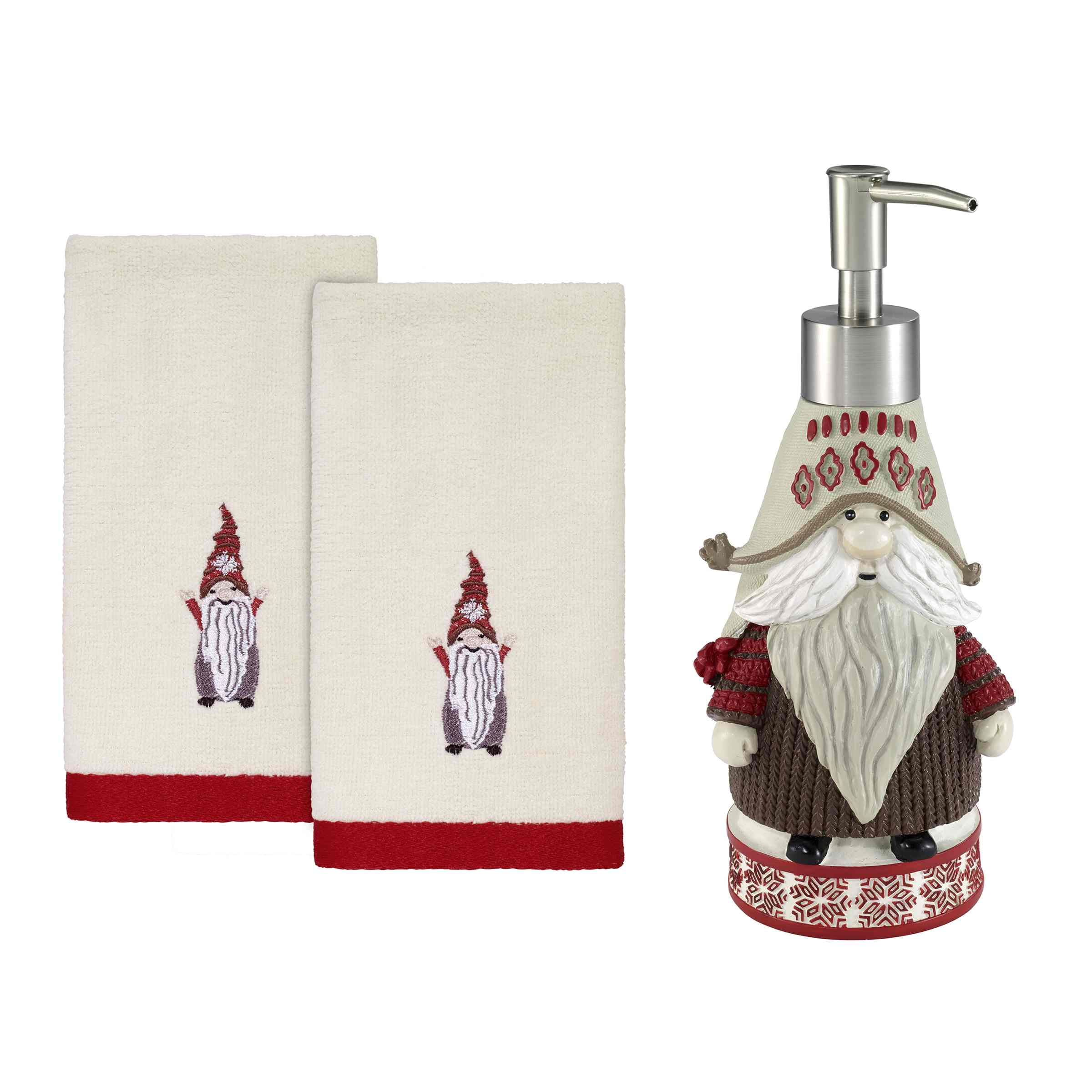 Avanti Linens Christmas Gnomes Lotion Dispenser & 2-Pack Fingertip Towel Set