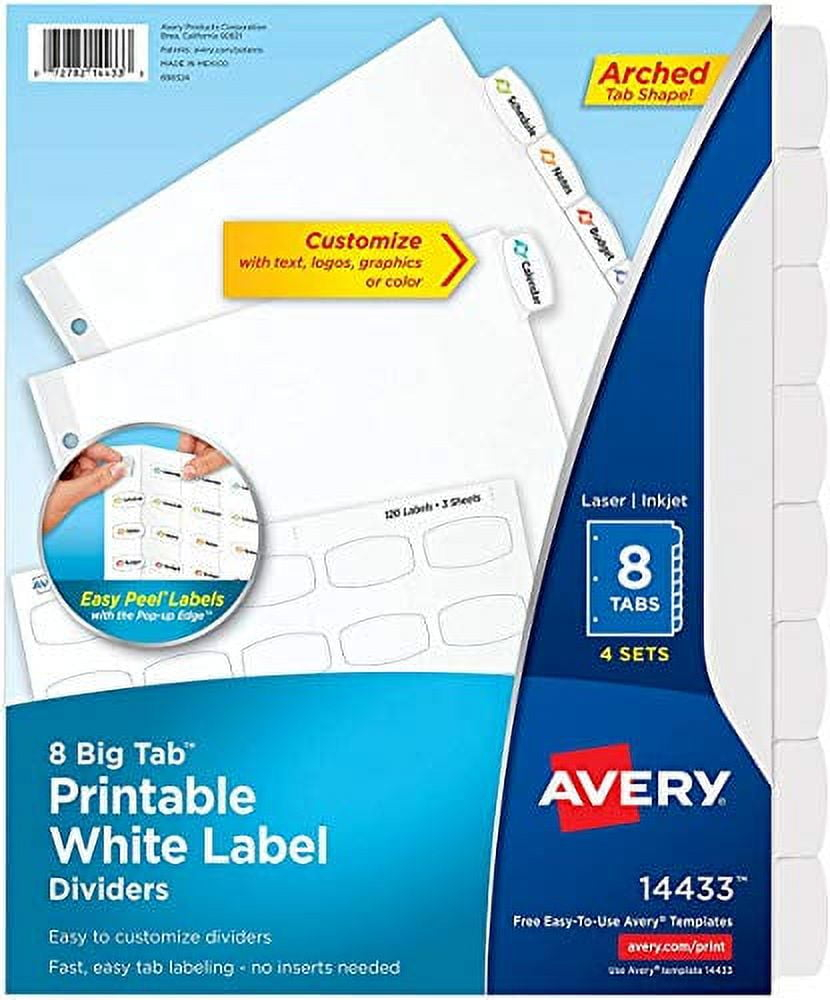 Avery Big Tab Printable Label Dividers, Easy Peel Labels, 8 Tabs