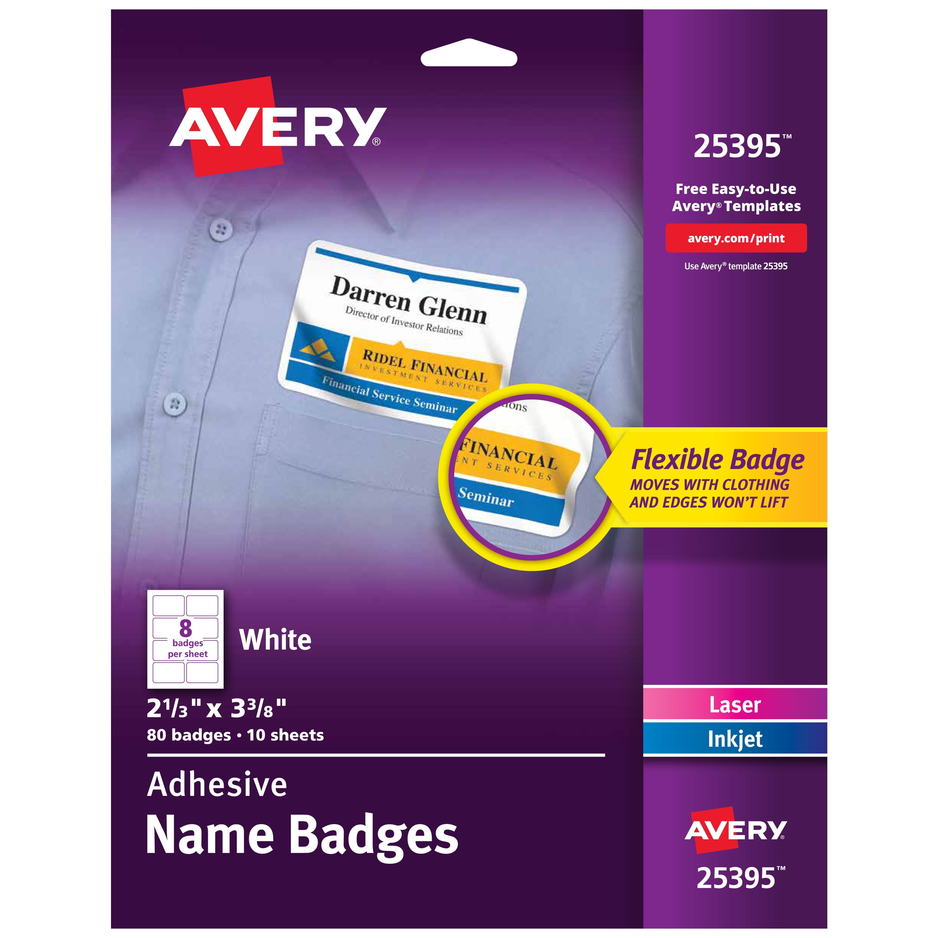 Avery Name Badge Labels, 2-1/3" x 3-3/8", Film, White, Adhesive, Laser/Inkjet, 80 Badges (25395)