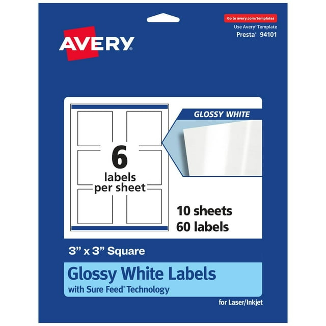 Avery Square Labels with Sure Feed, 3" x 3", 60 Glossy White Labels (36481)