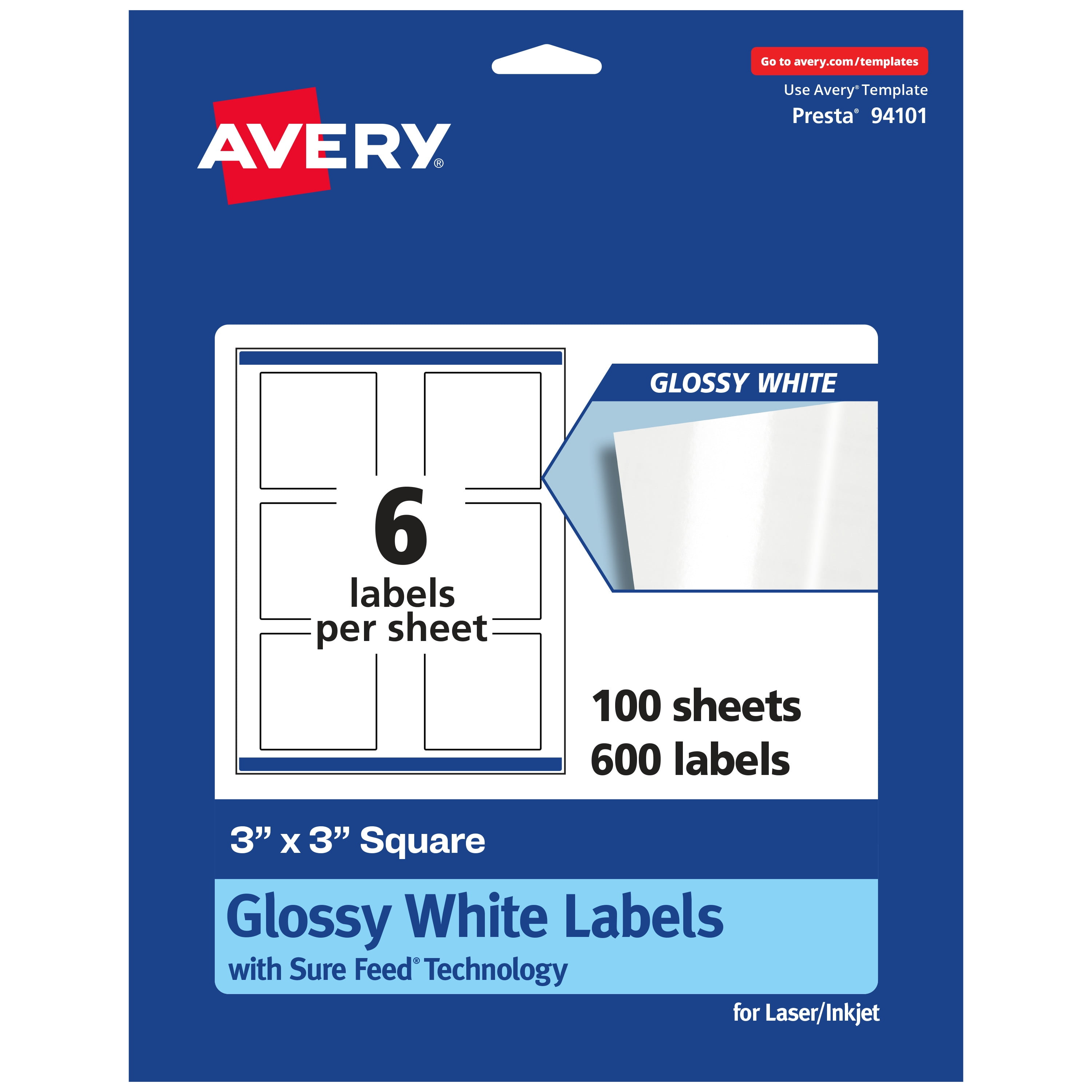 Avery Square Labels with Sure Feed, 3" x 3", 60 Glossy White Labels (36481)