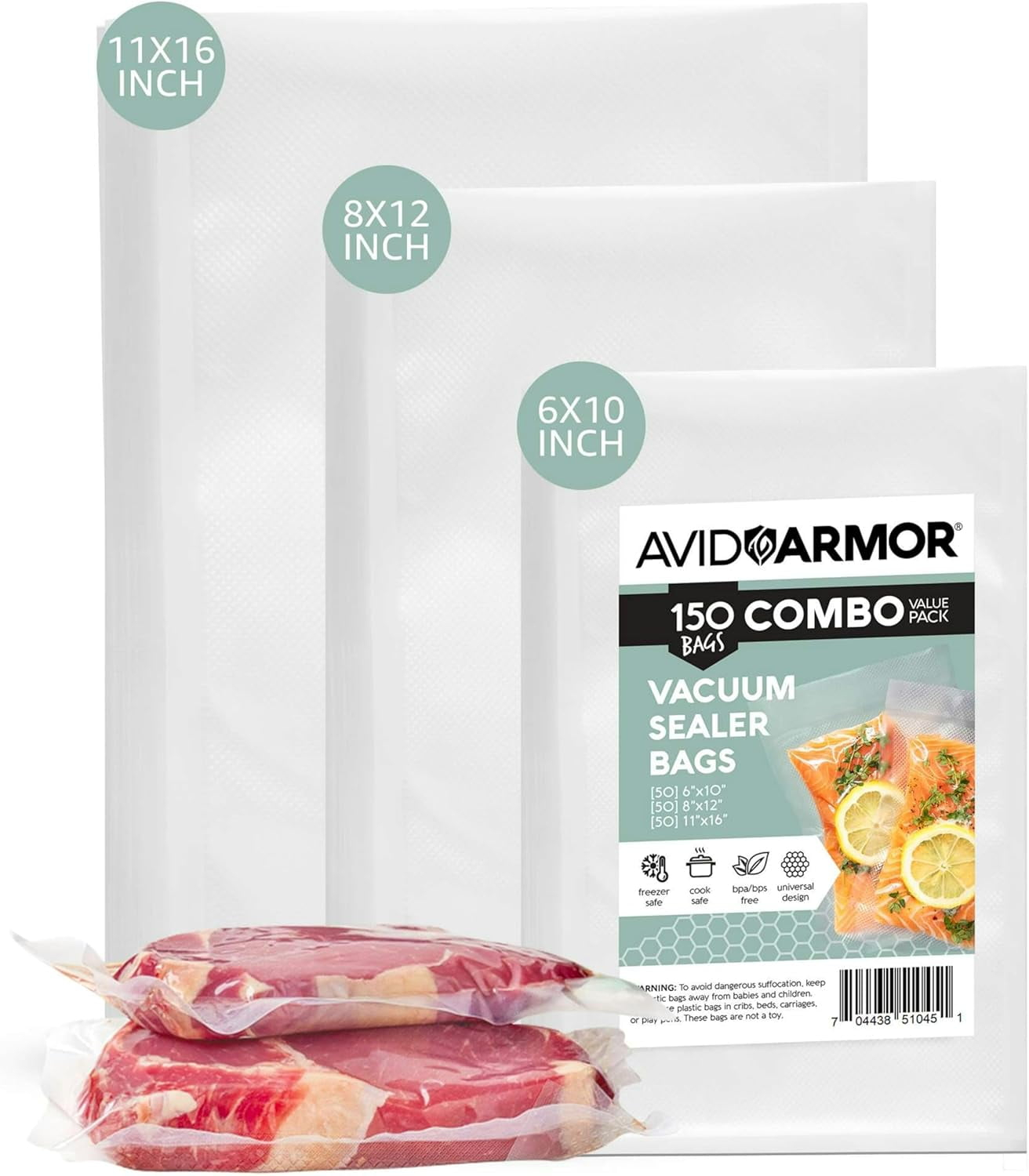 Avid Armor Combo Pre-Cut Vacuum Seal Bags, 150 Pack Food Saver Bags for Sealer, Clear Vacuum Sealer Bags, BPA-Free Food Saver Bags