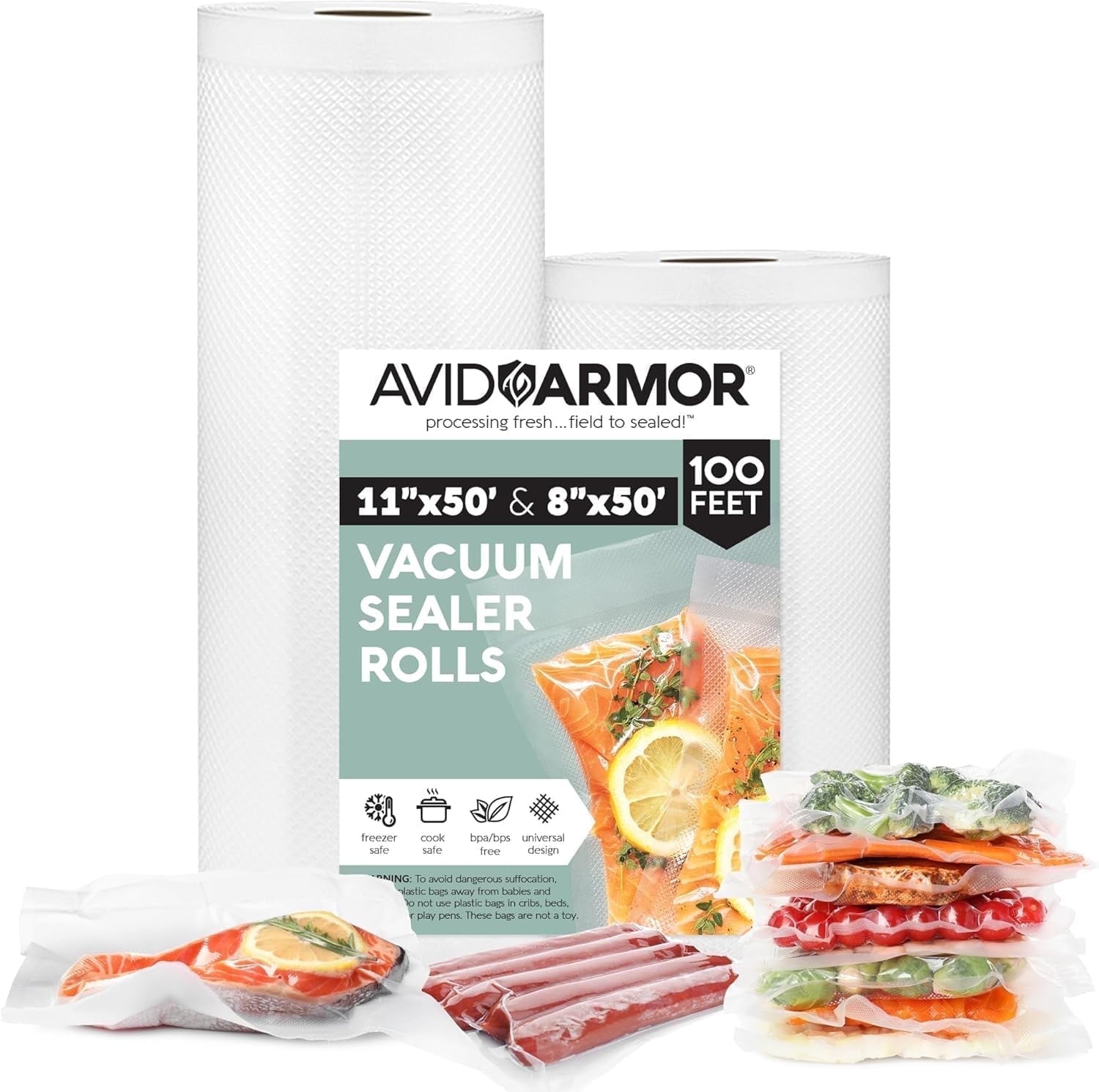 Avid Armor Vacuum Sealer Bags for Food, 11''x50' & 8''x50' Vacuum Heat-Seal Rolls, 100ft Food Saver Bags