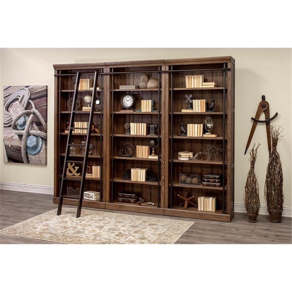 Avondale 8' Tall Bookcase Wall With Ladder Storage Organizer Display  Brown