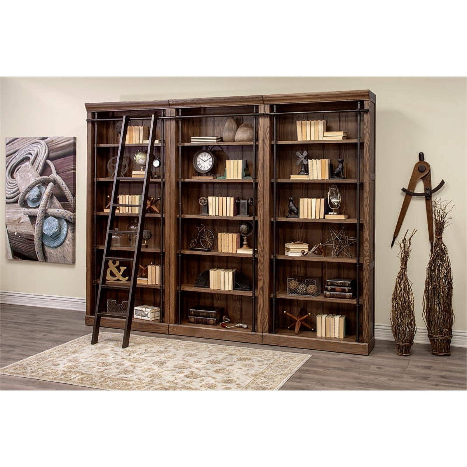 Avondale 8' Tall Bookcase Wall With Ladder Storage Organizer Display  Brown