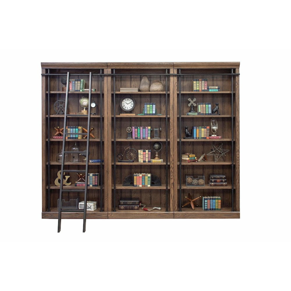 Avondale 8' Tall Bookcase Wall With Ladder Storage Organizer Display  Brown