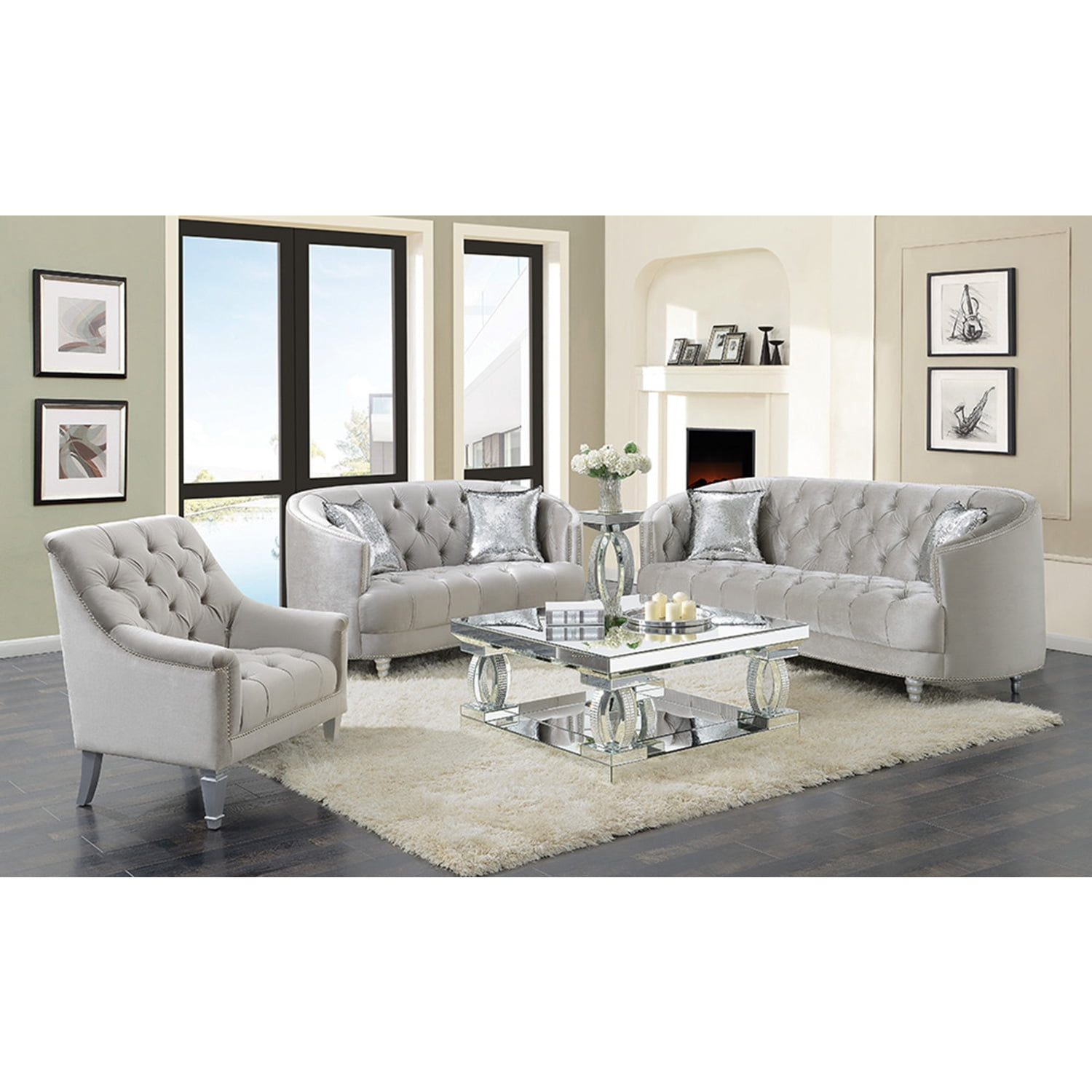 Coaster Avonlea Transitional Velvet Sloped Arm Tufted Loveseat in Gray