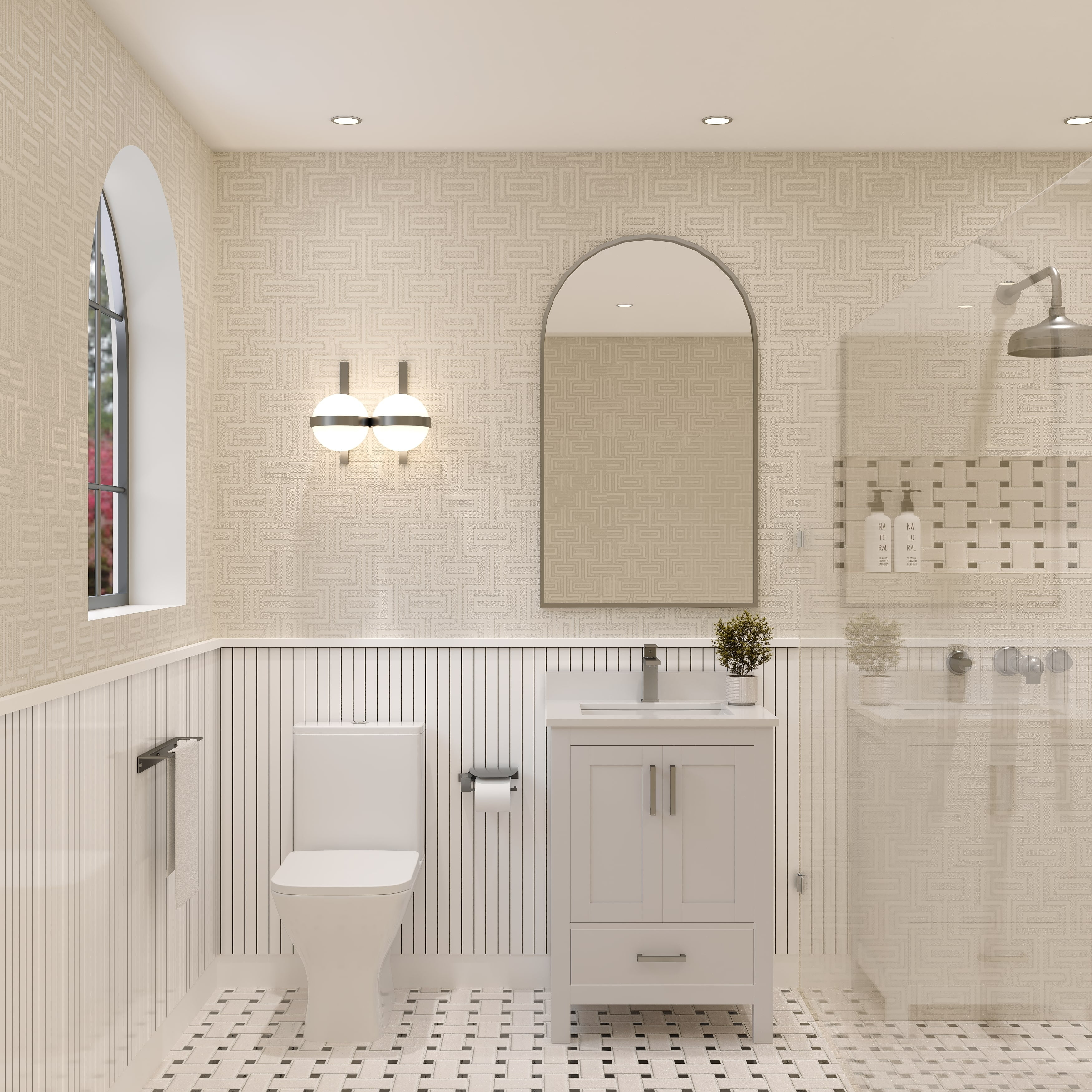 Ayna Decors Rooh 24 in White Bathroom Vanity Set with White Quartz Countertop | Ceramic Sink | 2 Soft Closing Doors | 1 Full Extention Soft Close Drawer | Brushed Nickel Hardware | AVR24WH3002