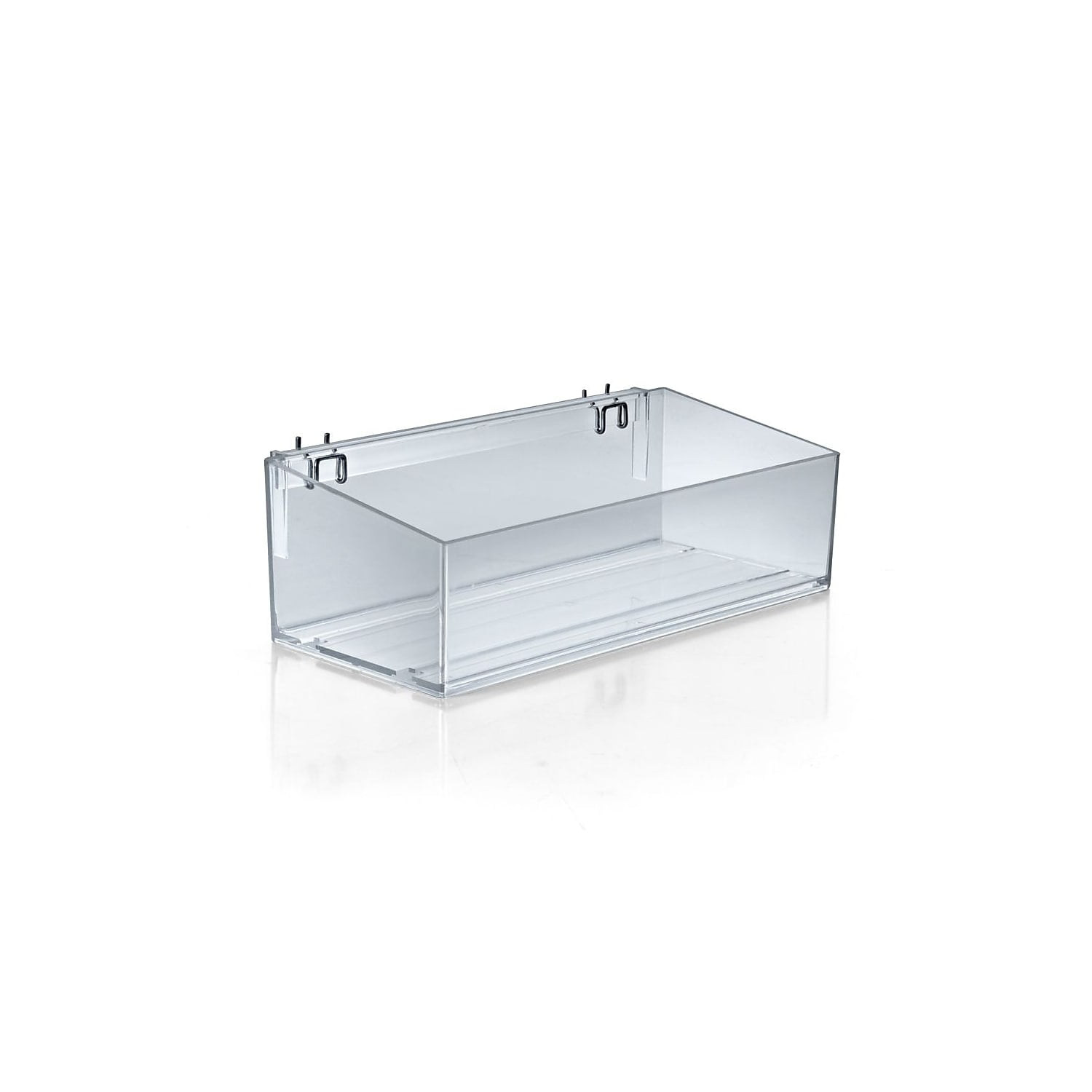 Clear 16” wide Open Bin Tray for Pegboard or Slatwall. Storage Container includes 2 Metal U-Hooks for hanging. Adjustable Slide In Dividers Sold Separately