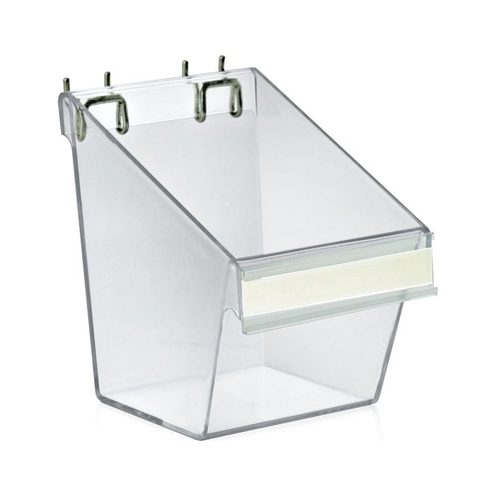Azar Displays Small Clear Plastic Molded Bucket, Storage Container Bin for Pegboard, Slatwall, or Counter with Label Holder on Front and 2 Metal U-Hooks, Size: 5.25"W x 6.25"D x 6.875"H, 4-Pack (Set of 4)
