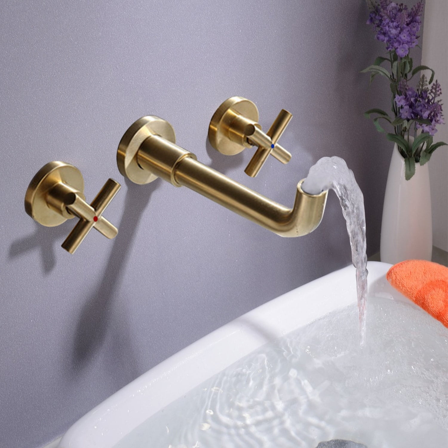 BATHLET  Wall Mount Double Handles Cross Handle Bathroom Sink Faucet Brushed Gold Brushed