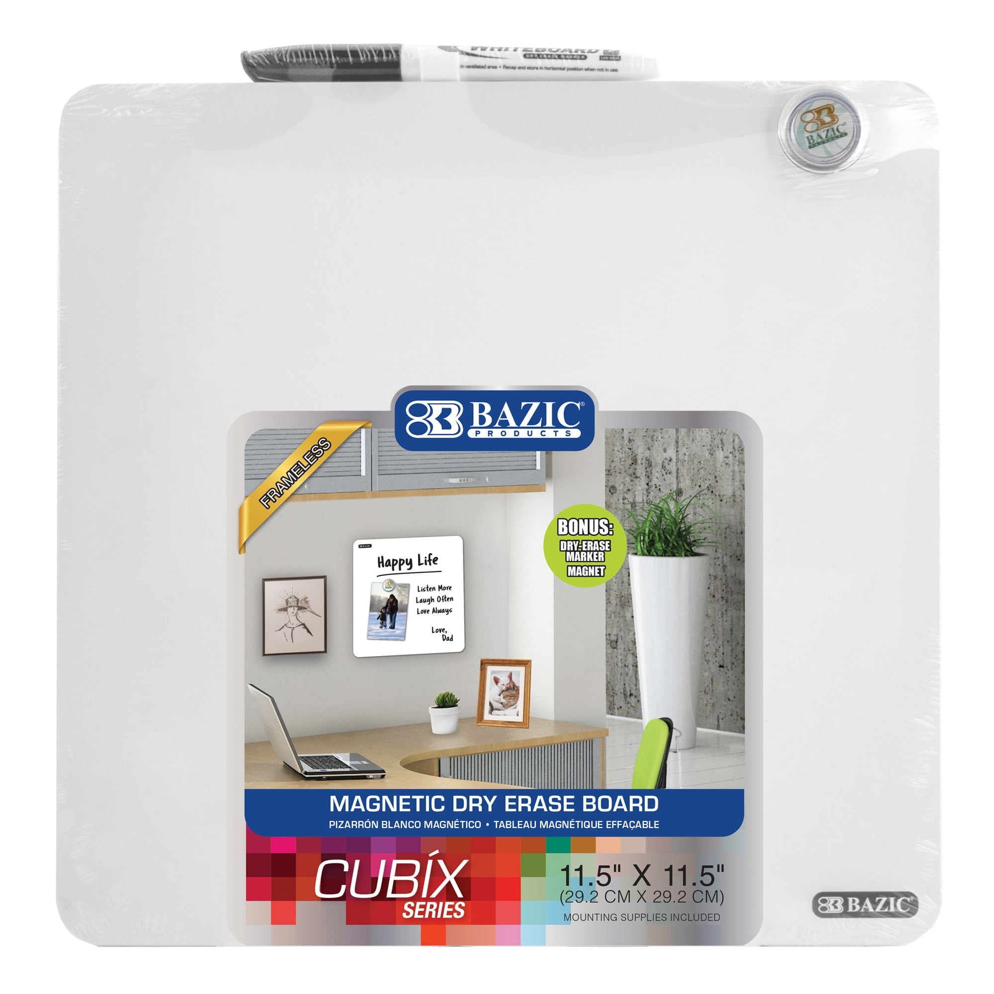BAZIC Magnetic Dry Erase Board Tile 11.5"x11.5" Whiteboard, Markers and Magnets 1-Pack