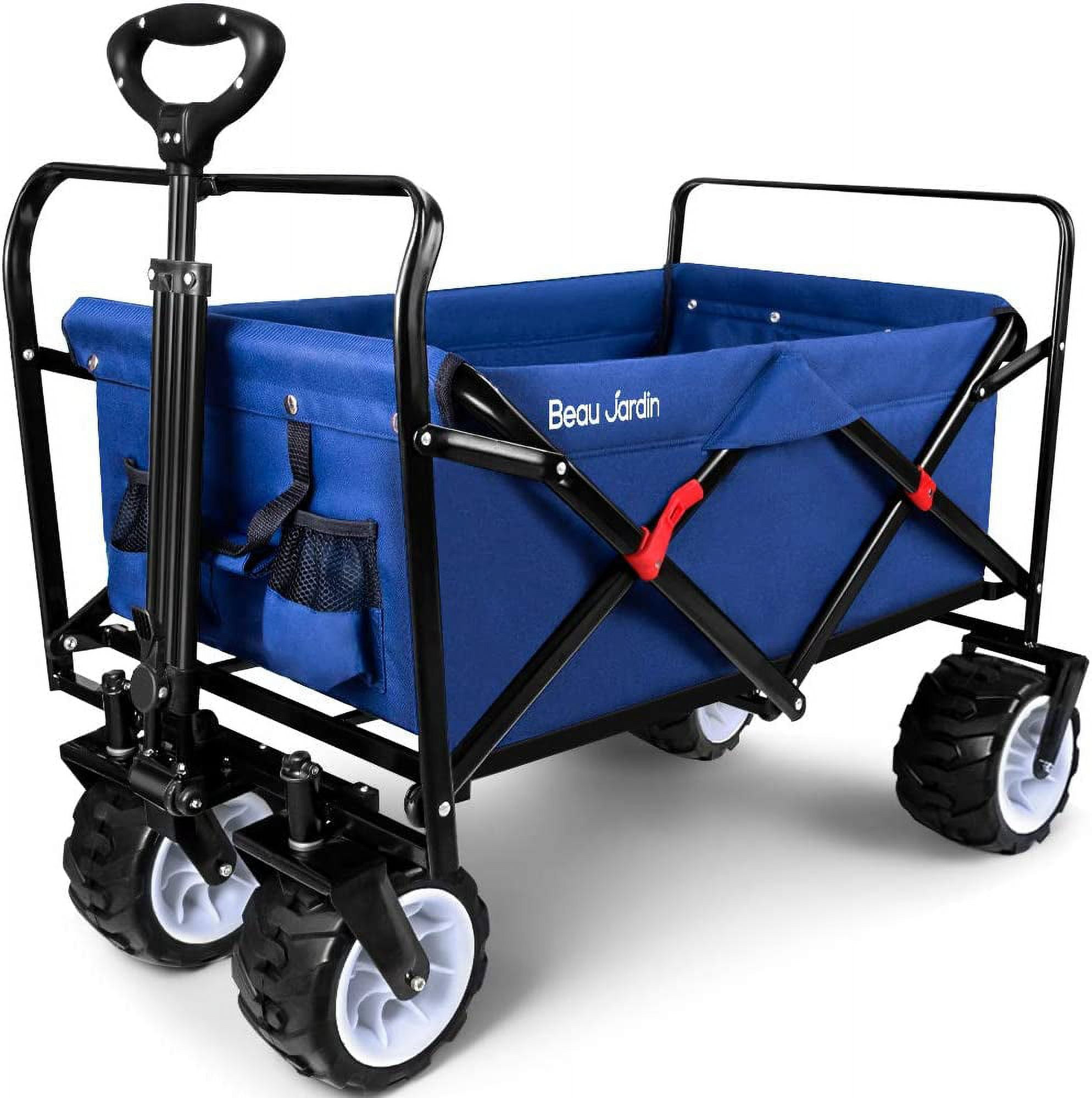 BEAU JARDIN Collapsible Folding Wagon 300 Pound Capacity Heavy Duty Foldable Beach Wagon Cart Grocery Utility Wagon for Garden Sports Shopping Outdoor All Terrain Wheel Portable Black