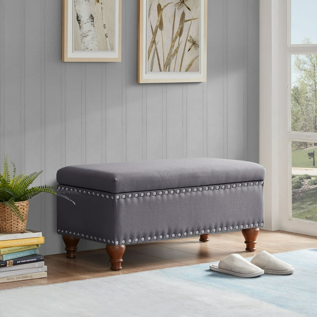 BELLEZE 35 Inch Button Tufted Top Ottoman Bench - Quincy (Gray)