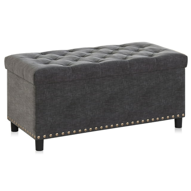 BELLEZE 35 Inch Storage Ottoman, Button-Tufted Ottoman Linen Storage Bench with Safety Close Hinge, Ottoman with Storage for Living Room, Entryway, Hallway, Foot Rest, Support 300lbs - Dark Grey