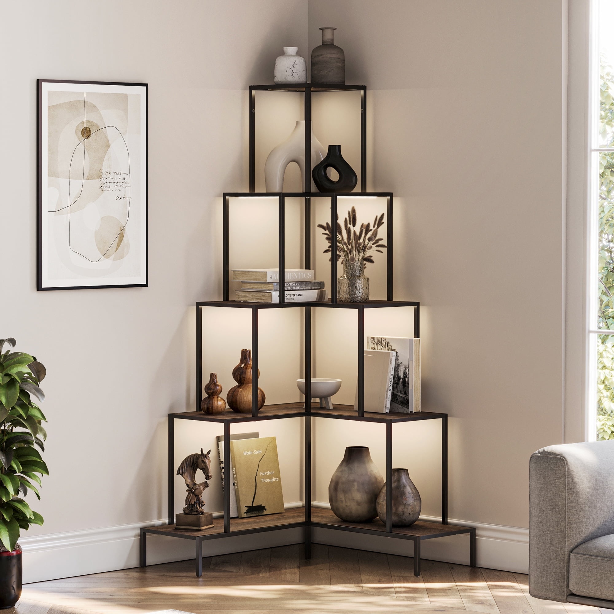 BELLEZE 5-Tier Corner Bookshelf with RGB Light